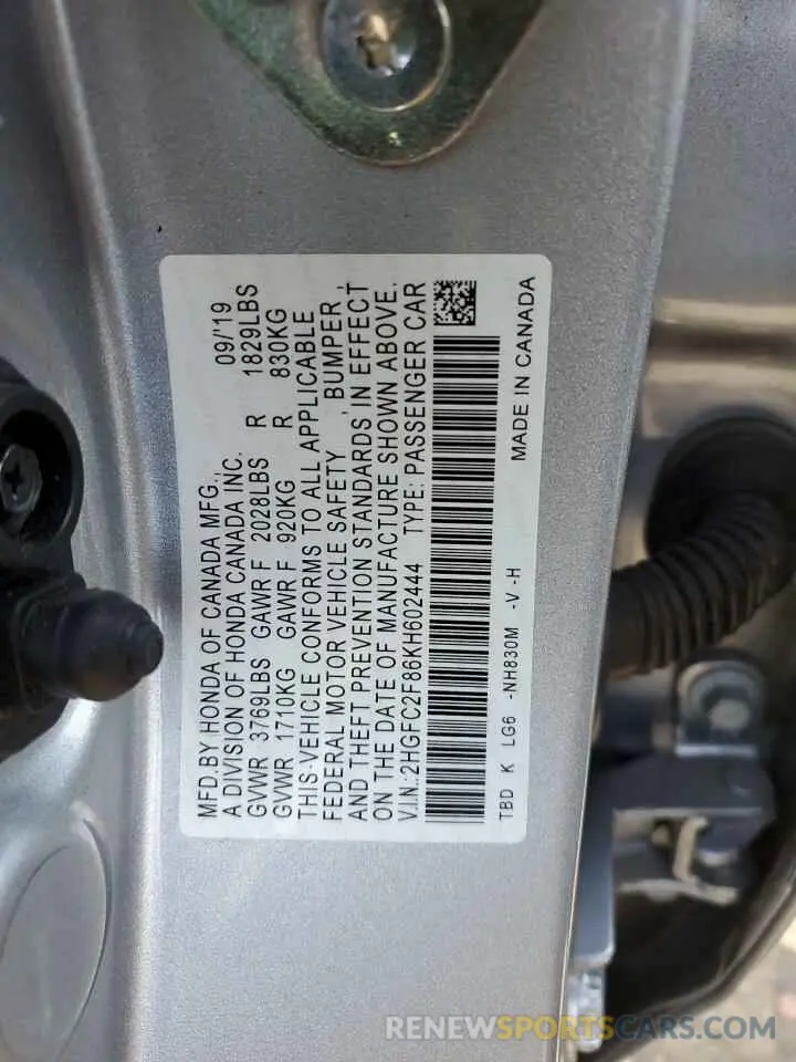 12 Photograph of a damaged car 2HGFC2F86KH602444 HONDA CIVIC 2019