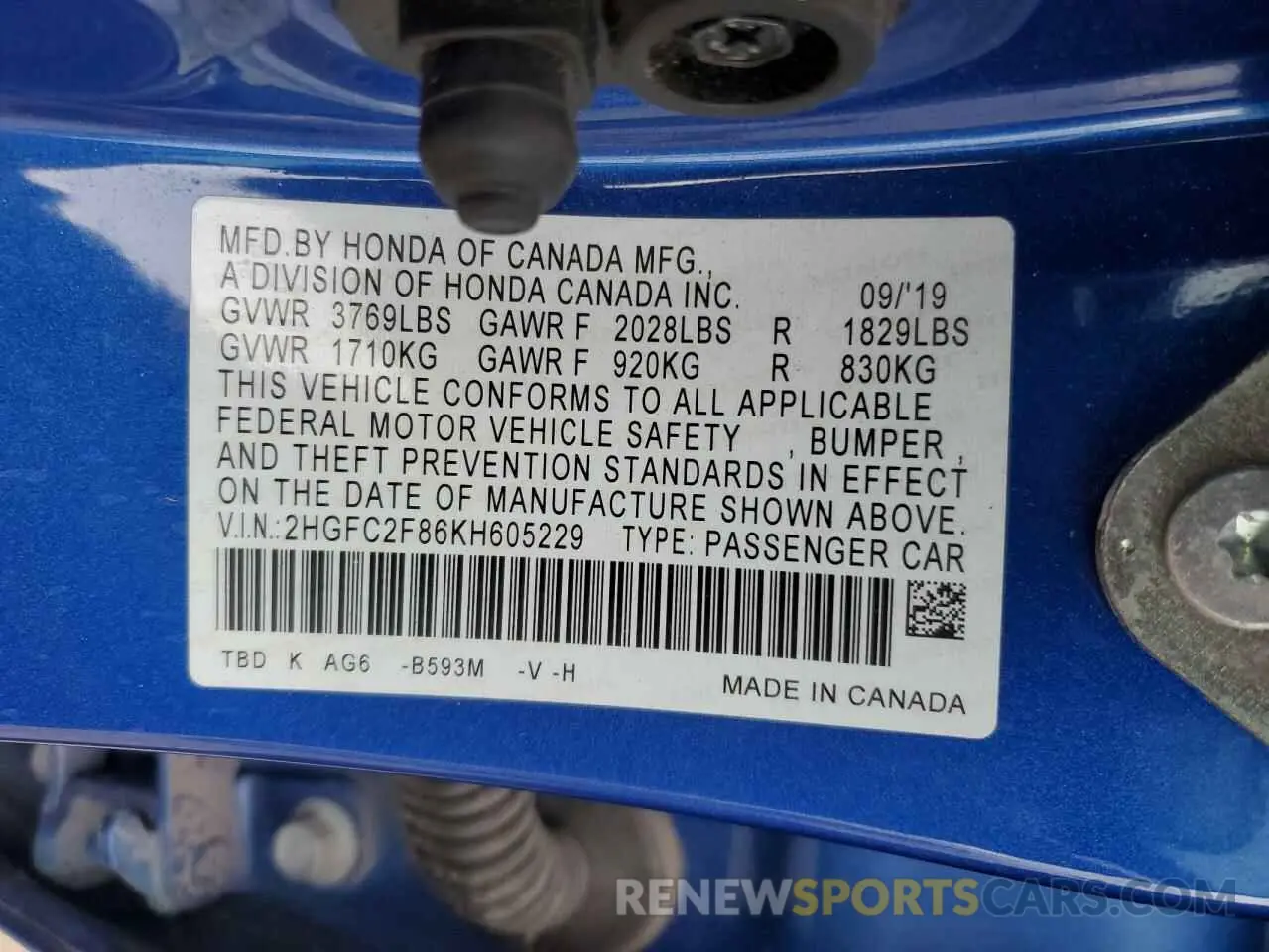 12 Photograph of a damaged car 2HGFC2F86KH605229 HONDA CIVIC 2019