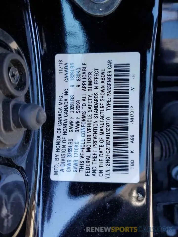 13 Photograph of a damaged car 2HGFC2F87KH509710 HONDA CIVIC 2019