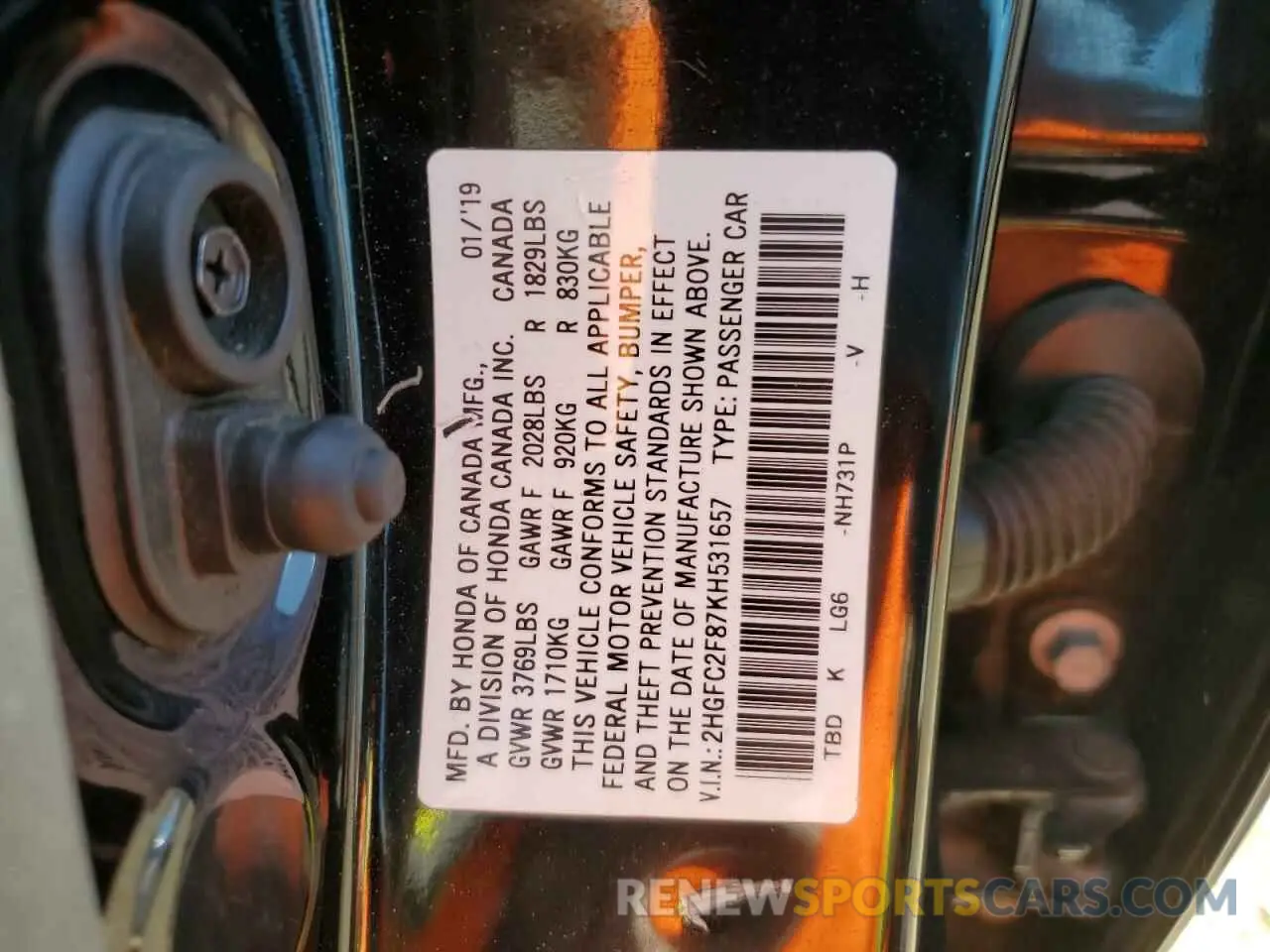 12 Photograph of a damaged car 2HGFC2F87KH531657 HONDA CIVIC 2019