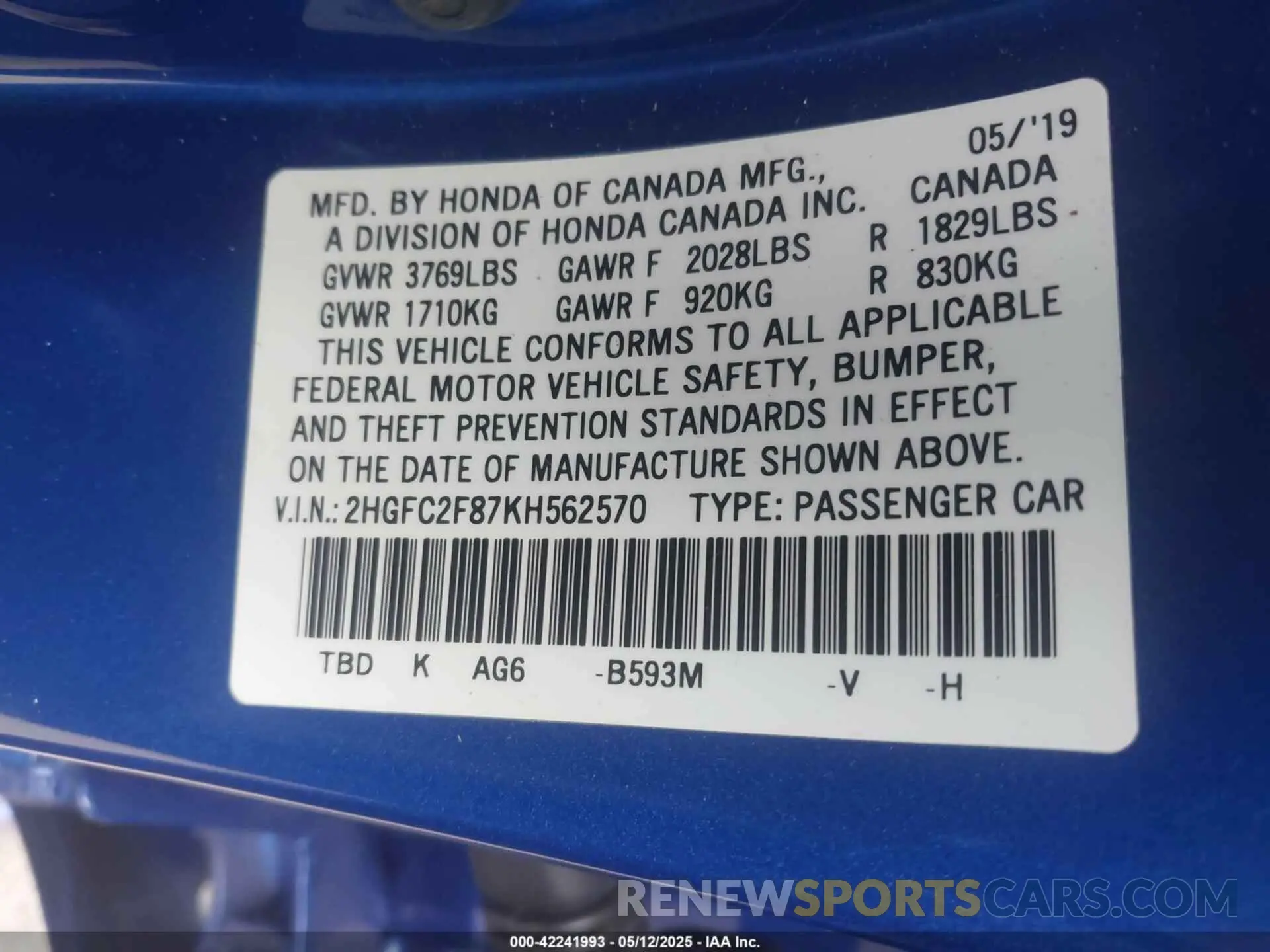 9 Photograph of a damaged car 2HGFC2F87KH562570 HONDA CIVIC 2019
