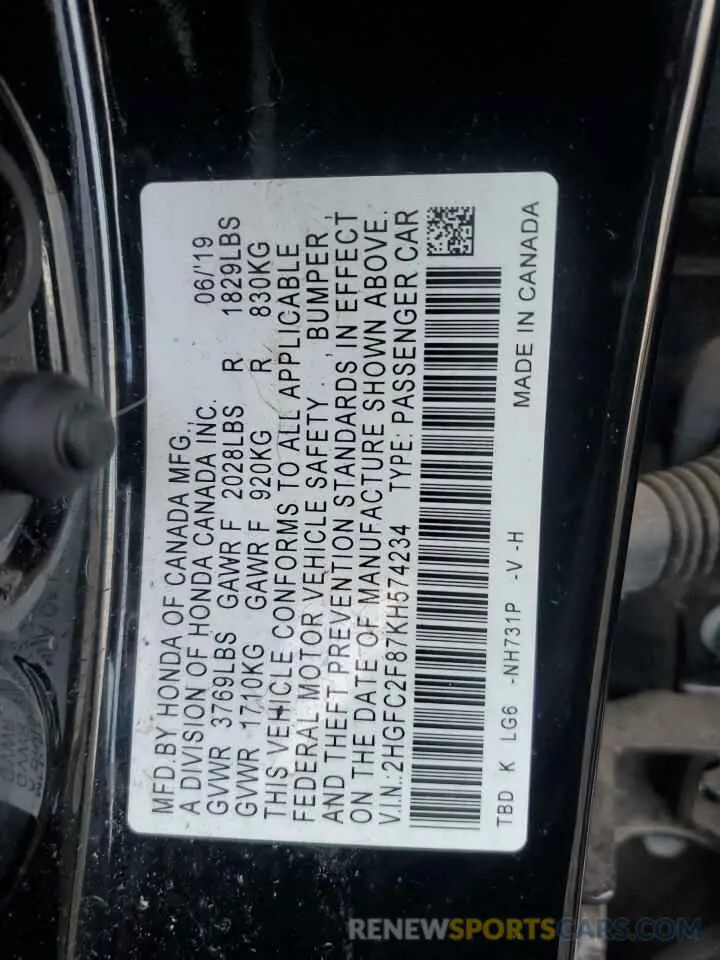 14 Photograph of a damaged car 2HGFC2F87KH574234 HONDA CIVIC 2019