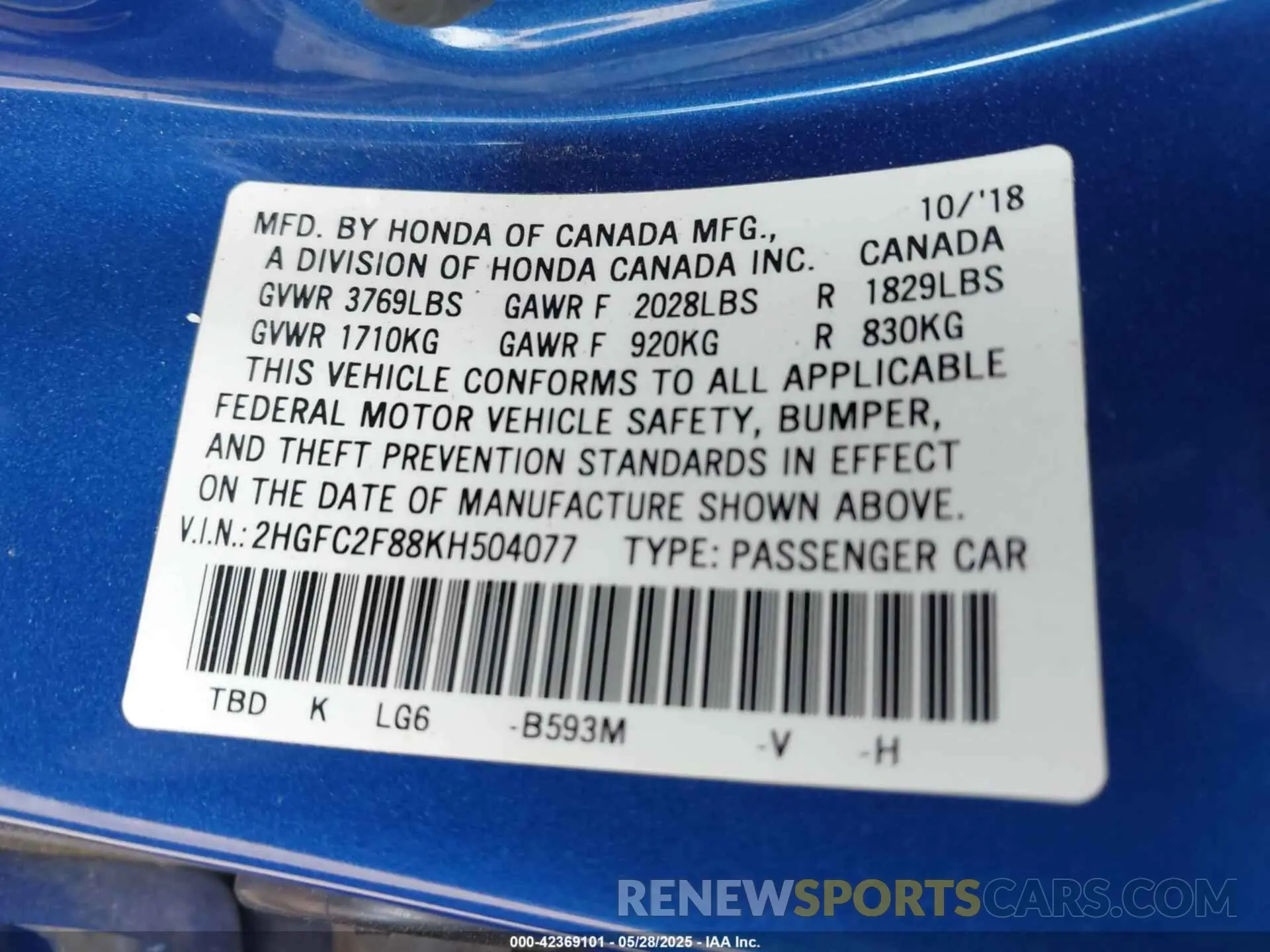 9 Photograph of a damaged car 2HGFC2F88KH504077 HONDA CIVIC 2019