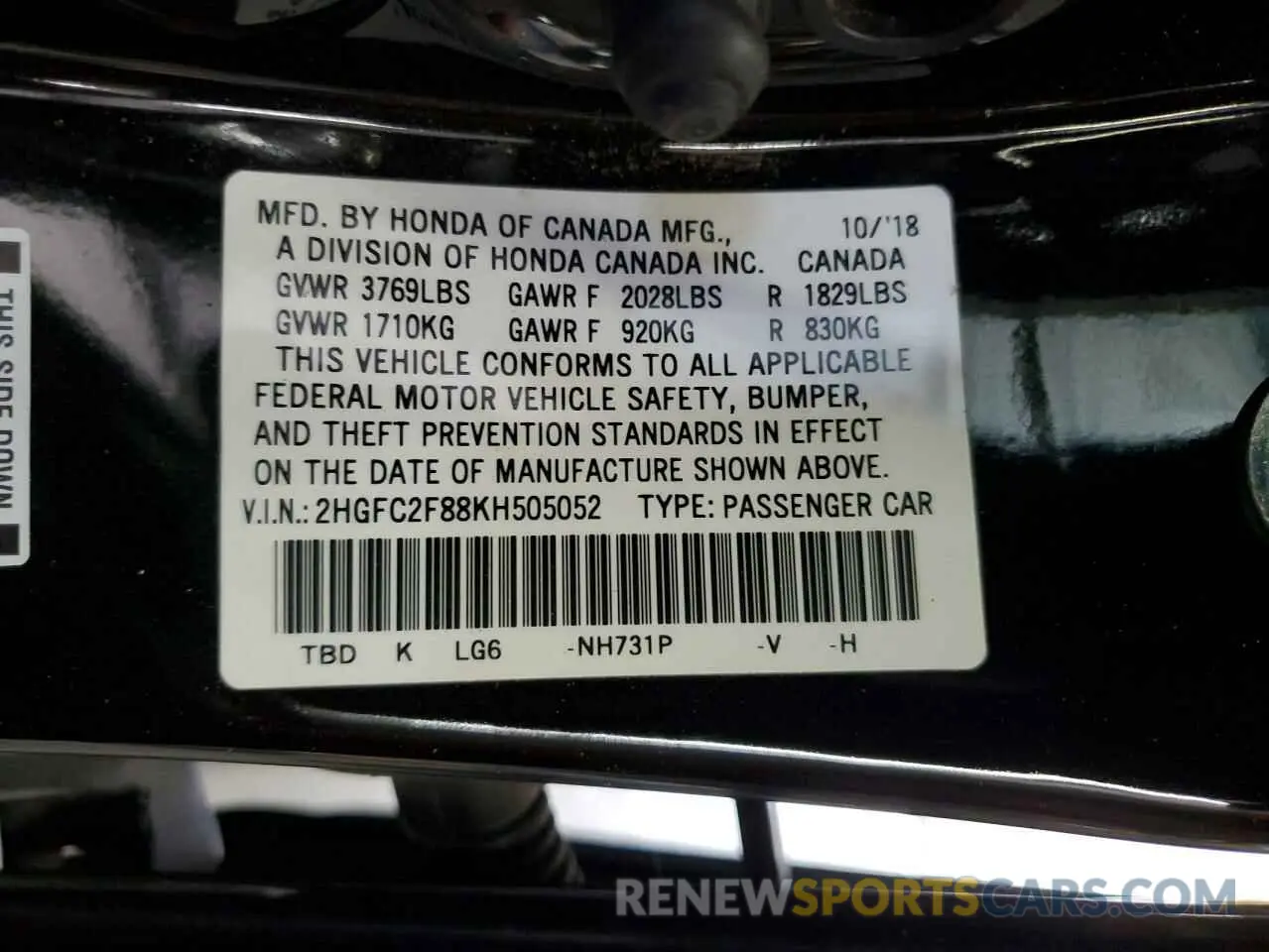 13 Photograph of a damaged car 2HGFC2F88KH505052 HONDA CIVIC 2019