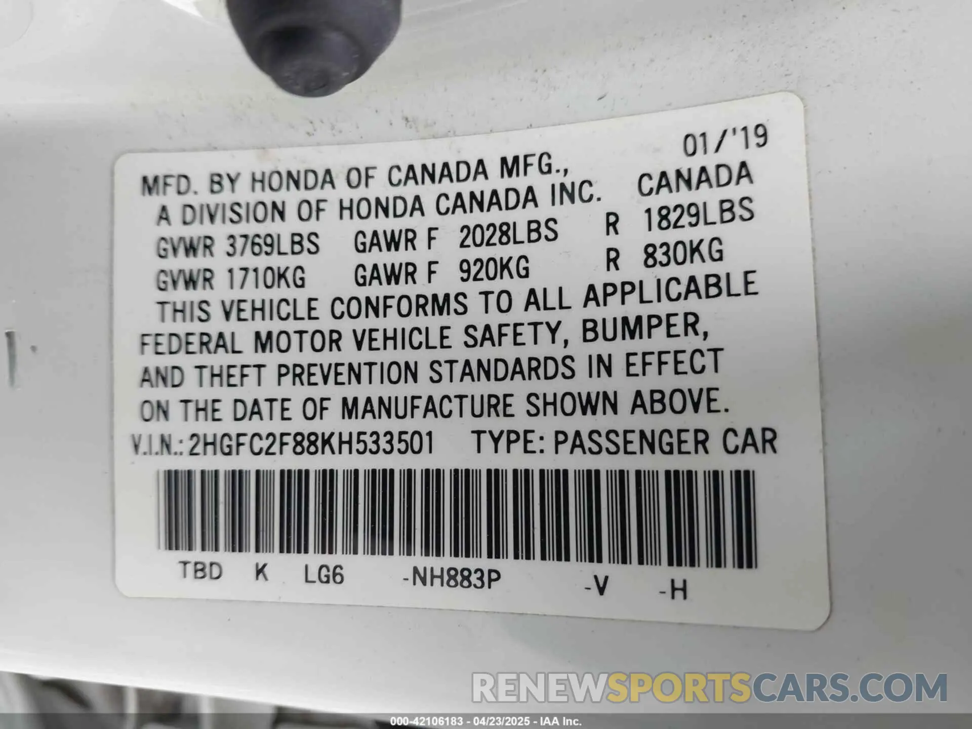 9 Photograph of a damaged car 2HGFC2F88KH533501 HONDA CIVIC 2019