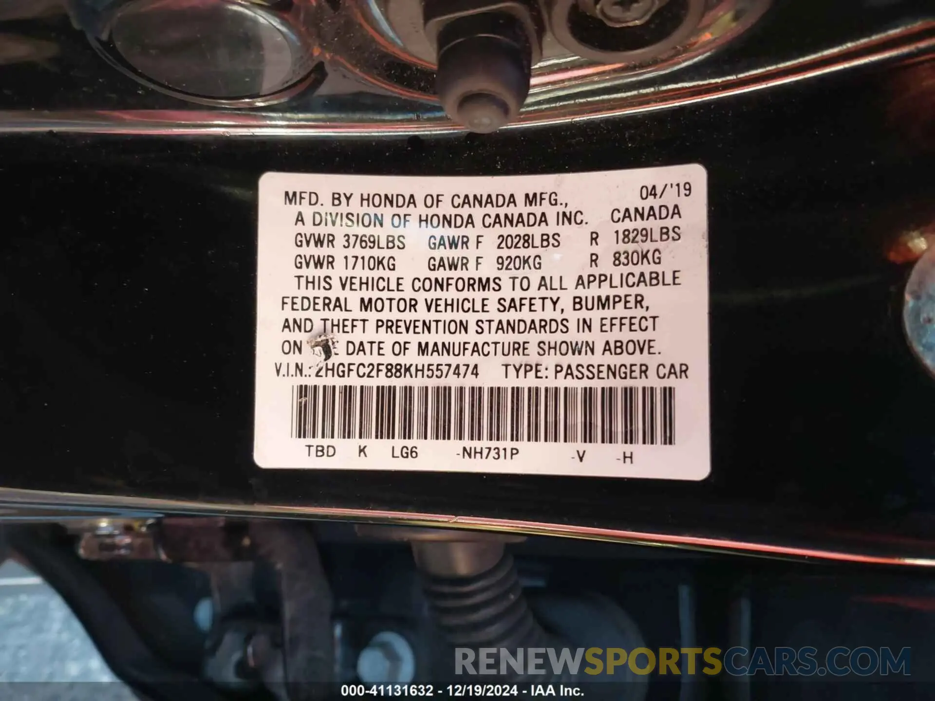 9 Photograph of a damaged car 2HGFC2F88KH557474 HONDA CIVIC 2019