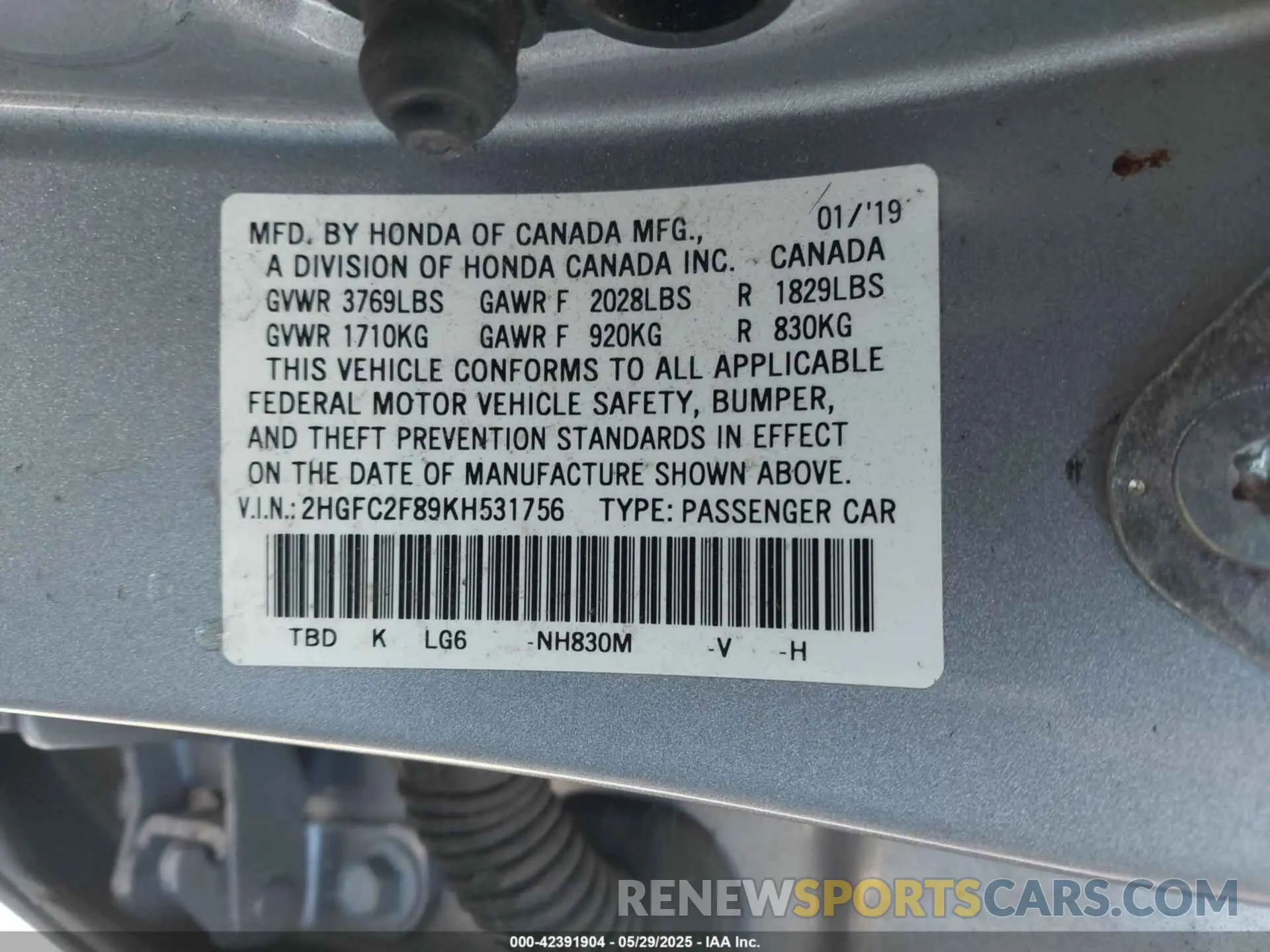 9 Photograph of a damaged car 2HGFC2F89KH531756 HONDA CIVIC 2019