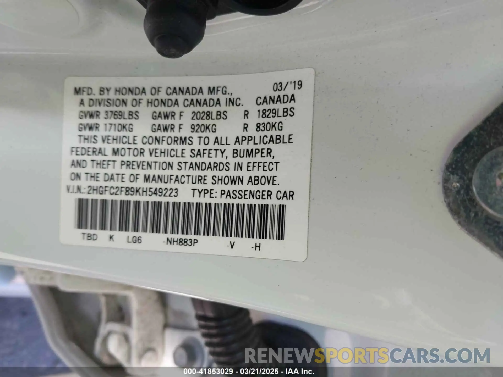 9 Photograph of a damaged car 2HGFC2F89KH549223 HONDA CIVIC 2019