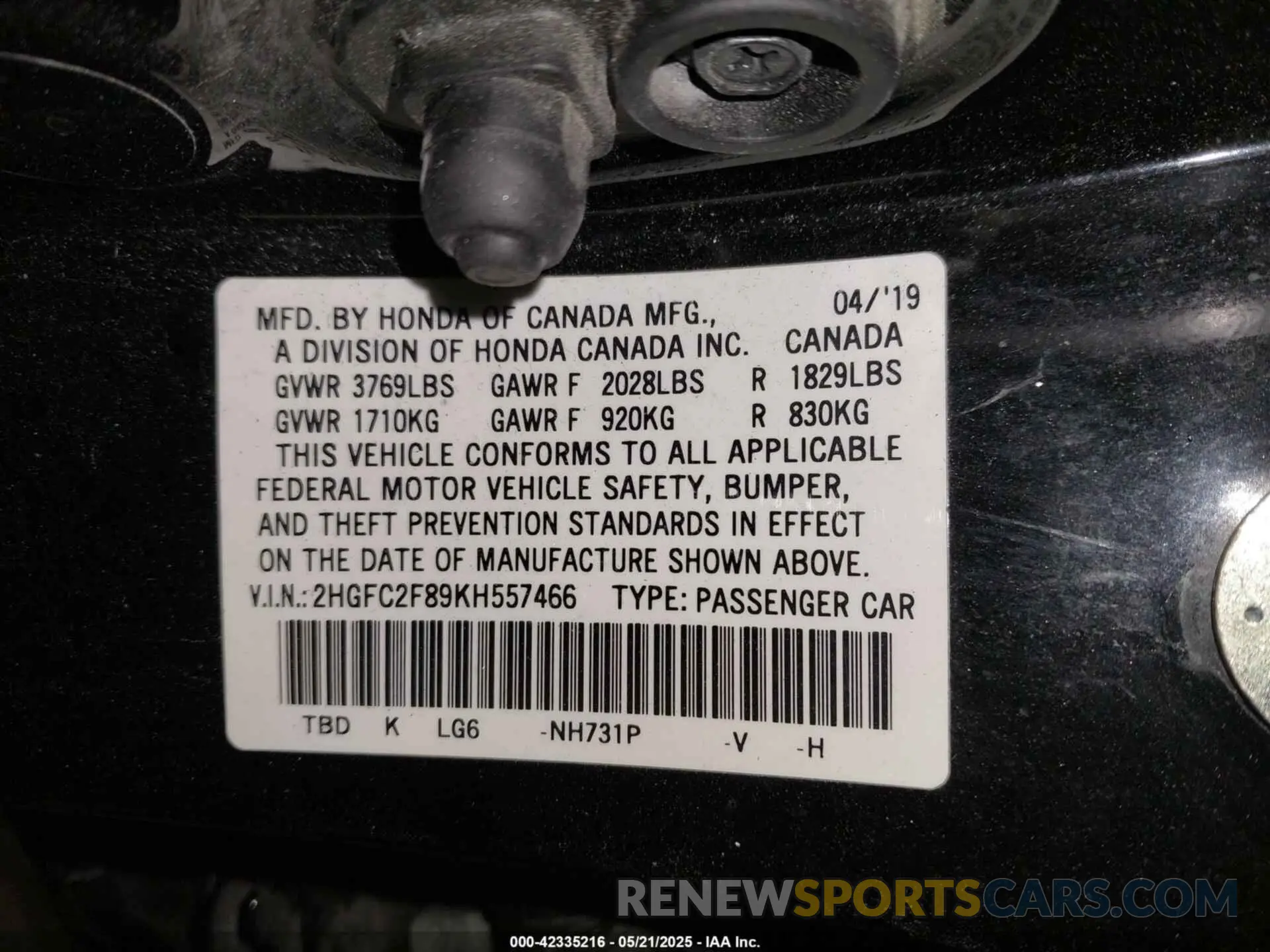 9 Photograph of a damaged car 2HGFC2F89KH557466 HONDA CIVIC 2019