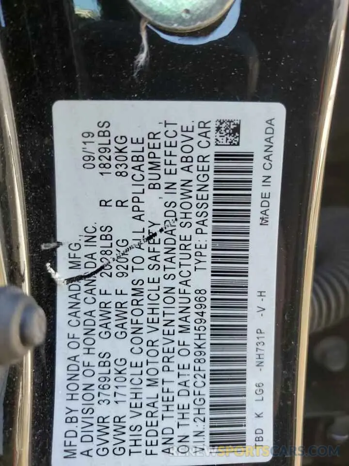 14 Photograph of a damaged car 2HGFC2F89KH594968 HONDA CIVIC 2019