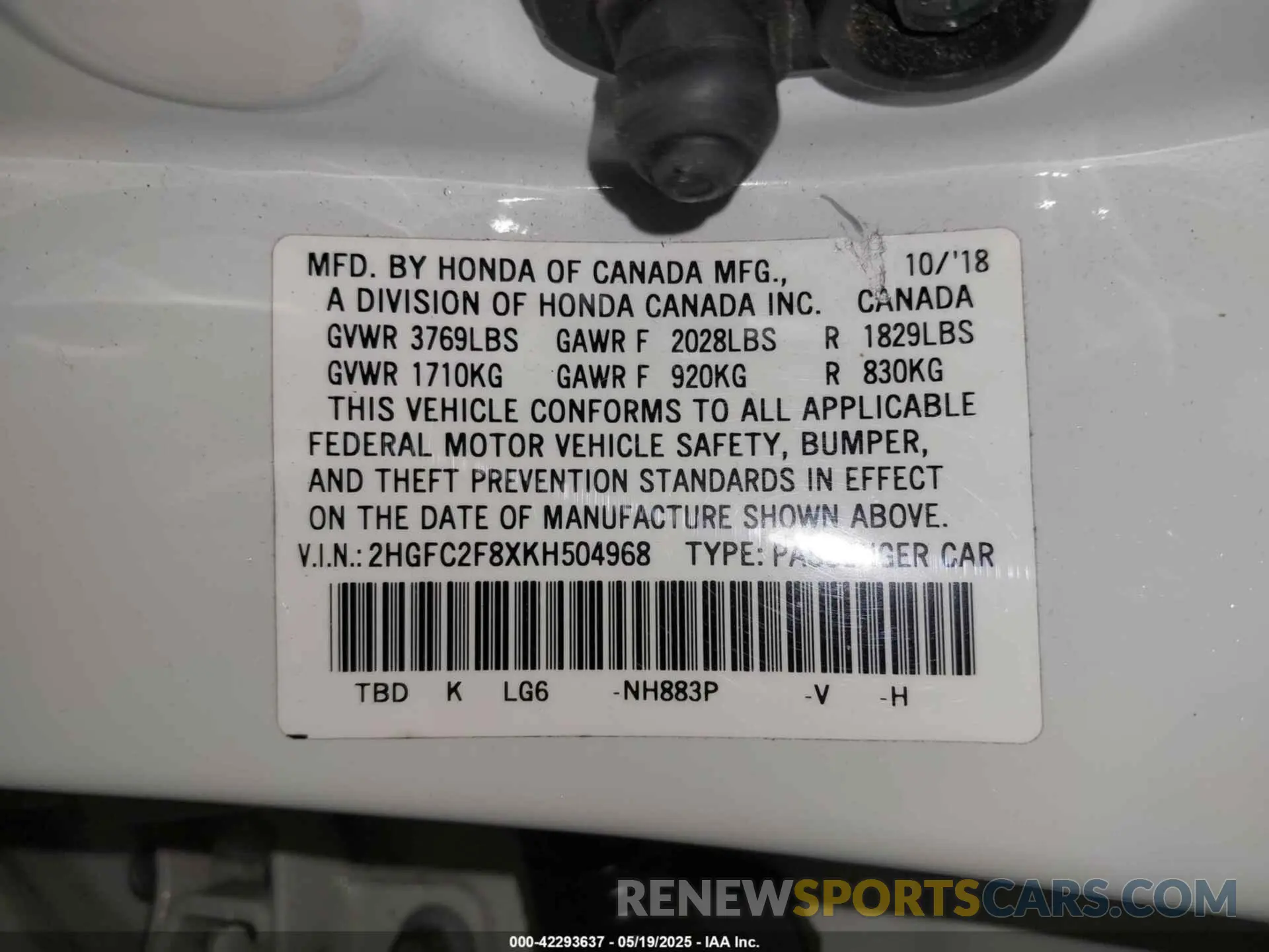 9 Photograph of a damaged car 2HGFC2F8XKH504968 HONDA CIVIC 2019