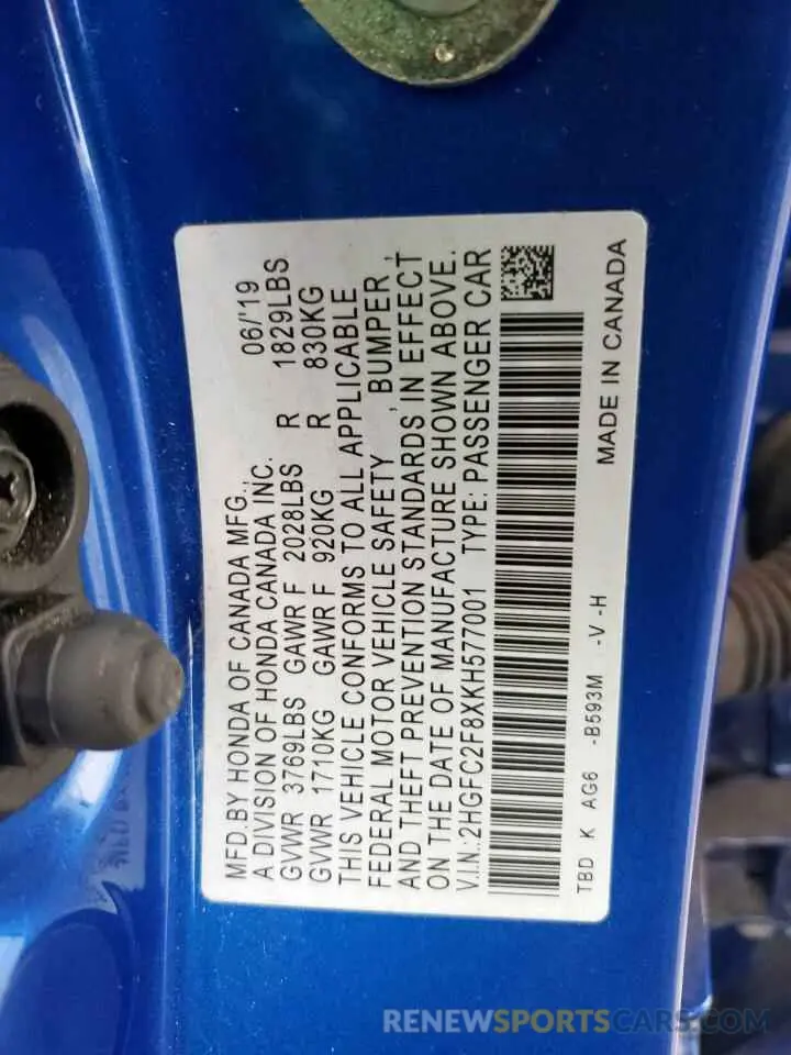 14 Photograph of a damaged car 2HGFC2F8XKH577001 HONDA CIVIC 2019