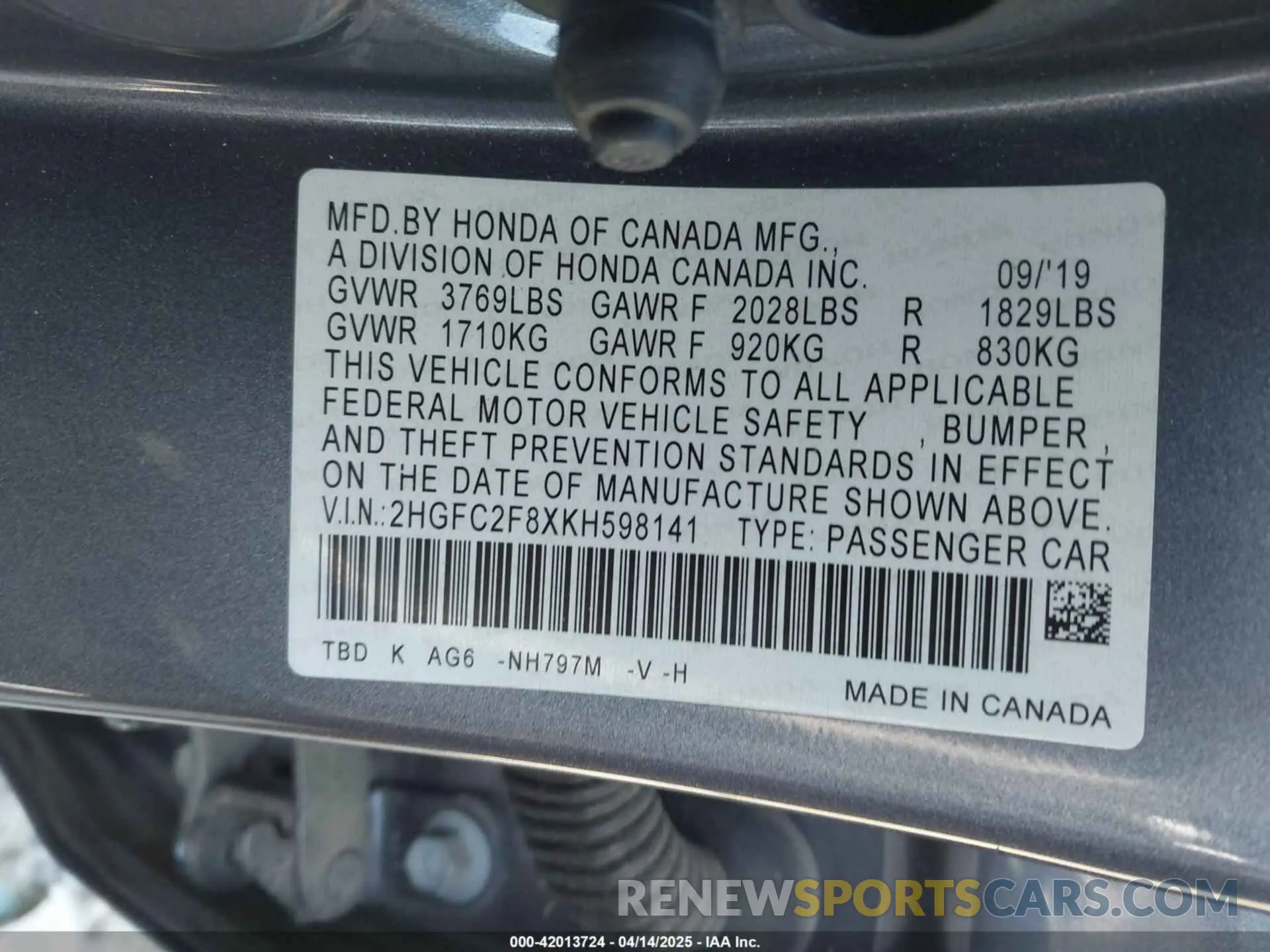 9 Photograph of a damaged car 2HGFC2F8XKH598141 HONDA CIVIC 2019
