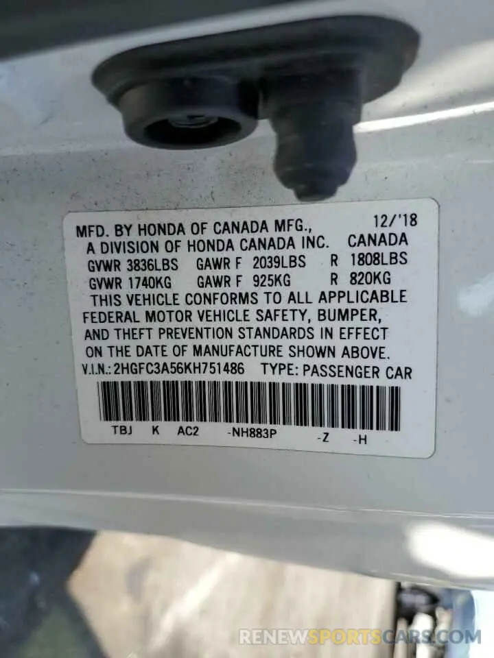 12 Photograph of a damaged car 2HGFC3A56KH751486 HONDA CIVIC 2019