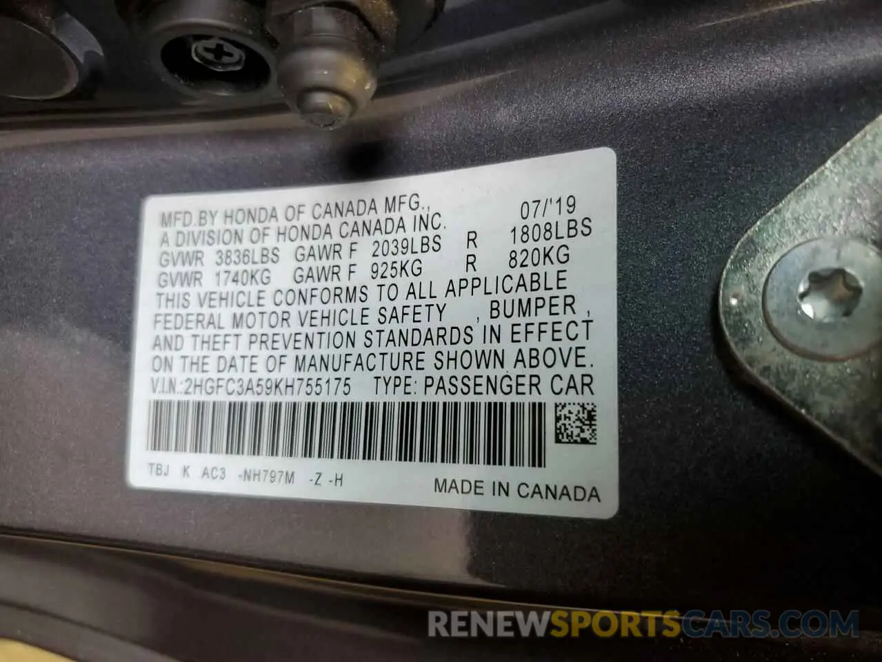 12 Photograph of a damaged car 2HGFC3A59KH755175 HONDA CIVIC 2019