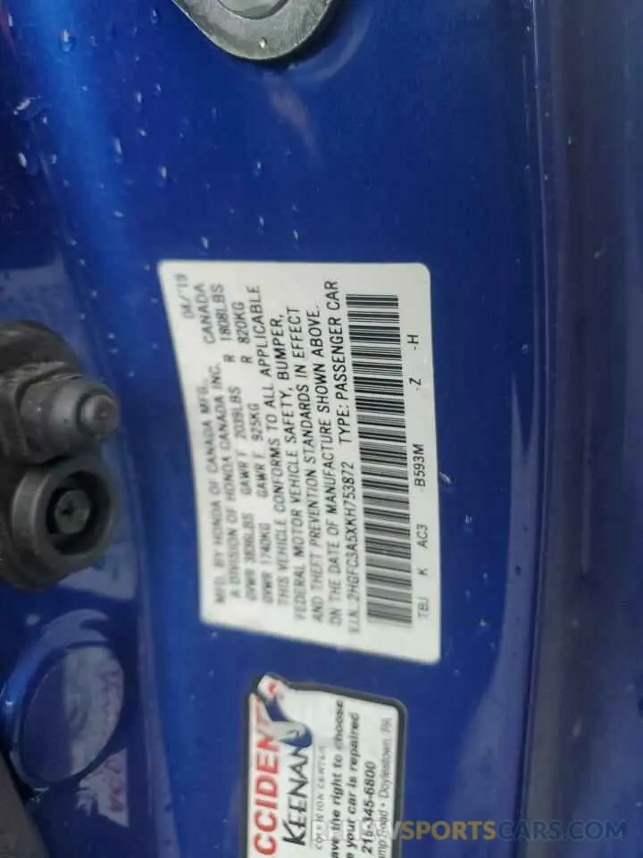 12 Photograph of a damaged car 2HGFC3A5XKH753872 HONDA CIVIC 2019
