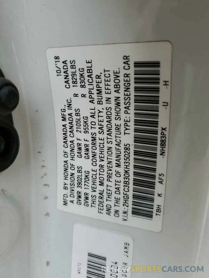 14 Photograph of a damaged car 2HGFC3B30KH350285 HONDA CIVIC 2019