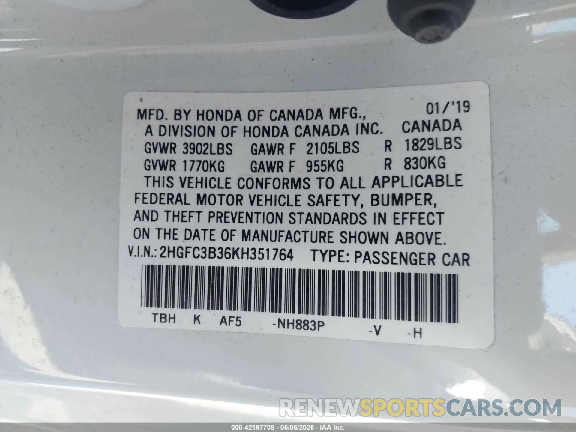 9 Photograph of a damaged car 2HGFC3B36KH351764 HONDA CIVIC 2019