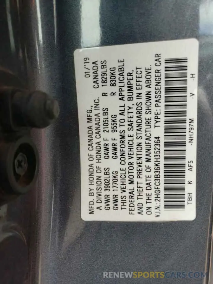 12 Photograph of a damaged car 2HGFC3B36KH352364 HONDA CIVIC 2019