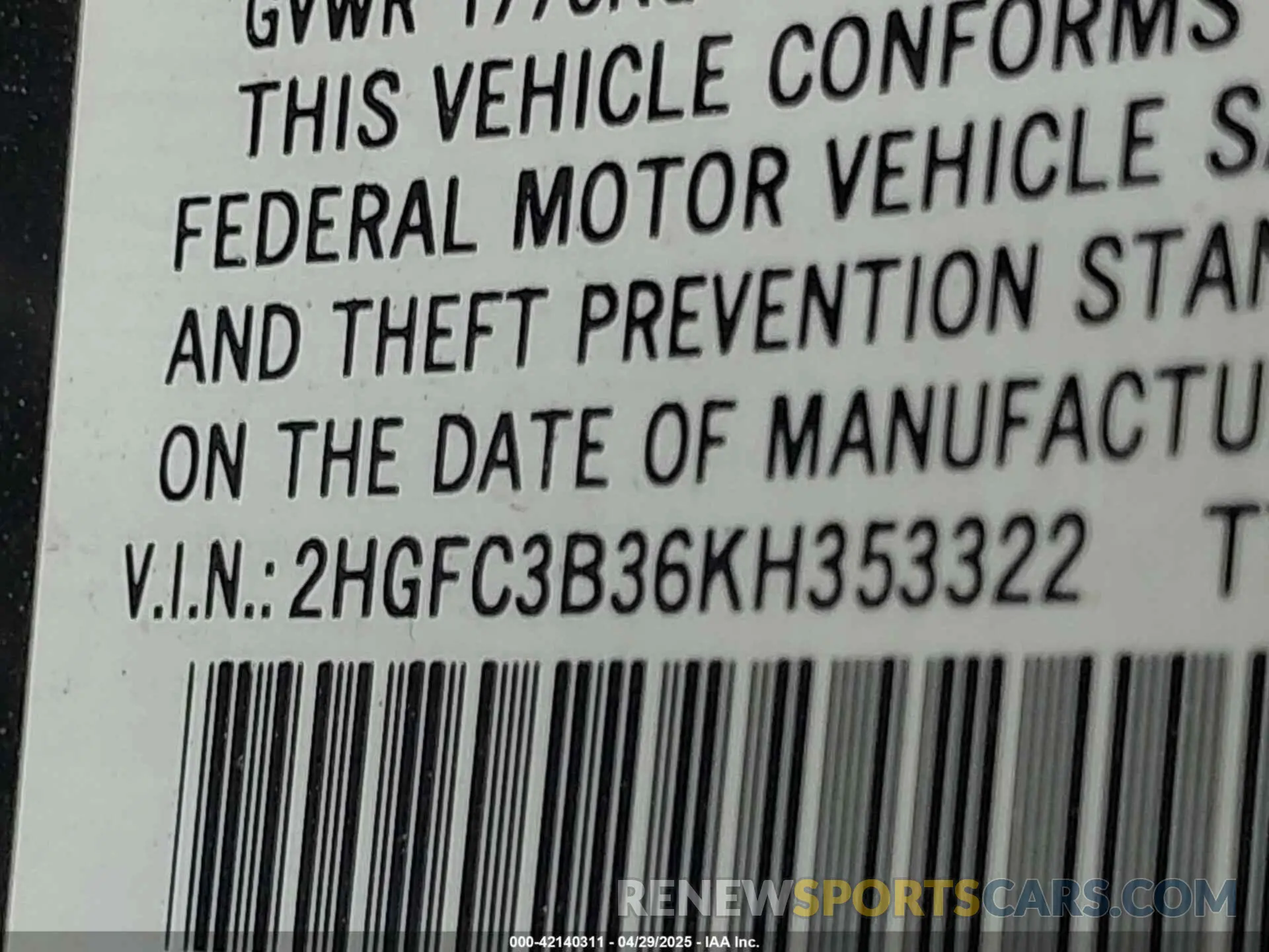 9 Photograph of a damaged car 2HGFC3B36KH353322 HONDA CIVIC 2019