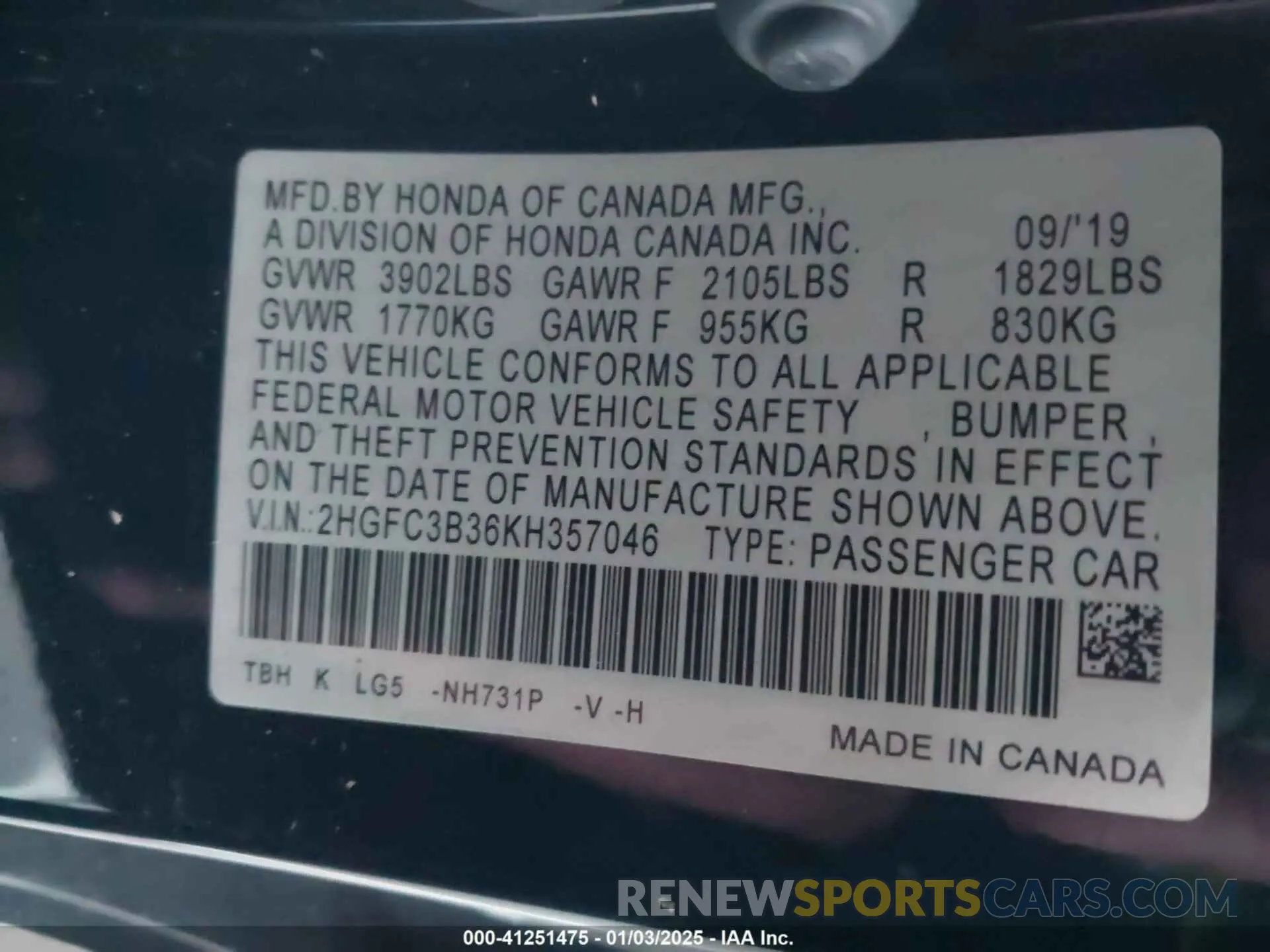 7 Photograph of a damaged car 2HGFC3B36KH357046 HONDA CIVIC 2019