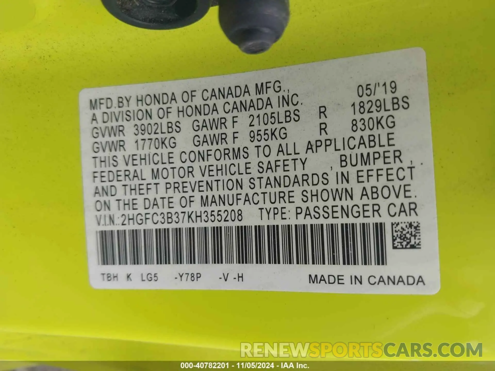 9 Photograph of a damaged car 2HGFC3B37KH355208 HONDA CIVIC 2019