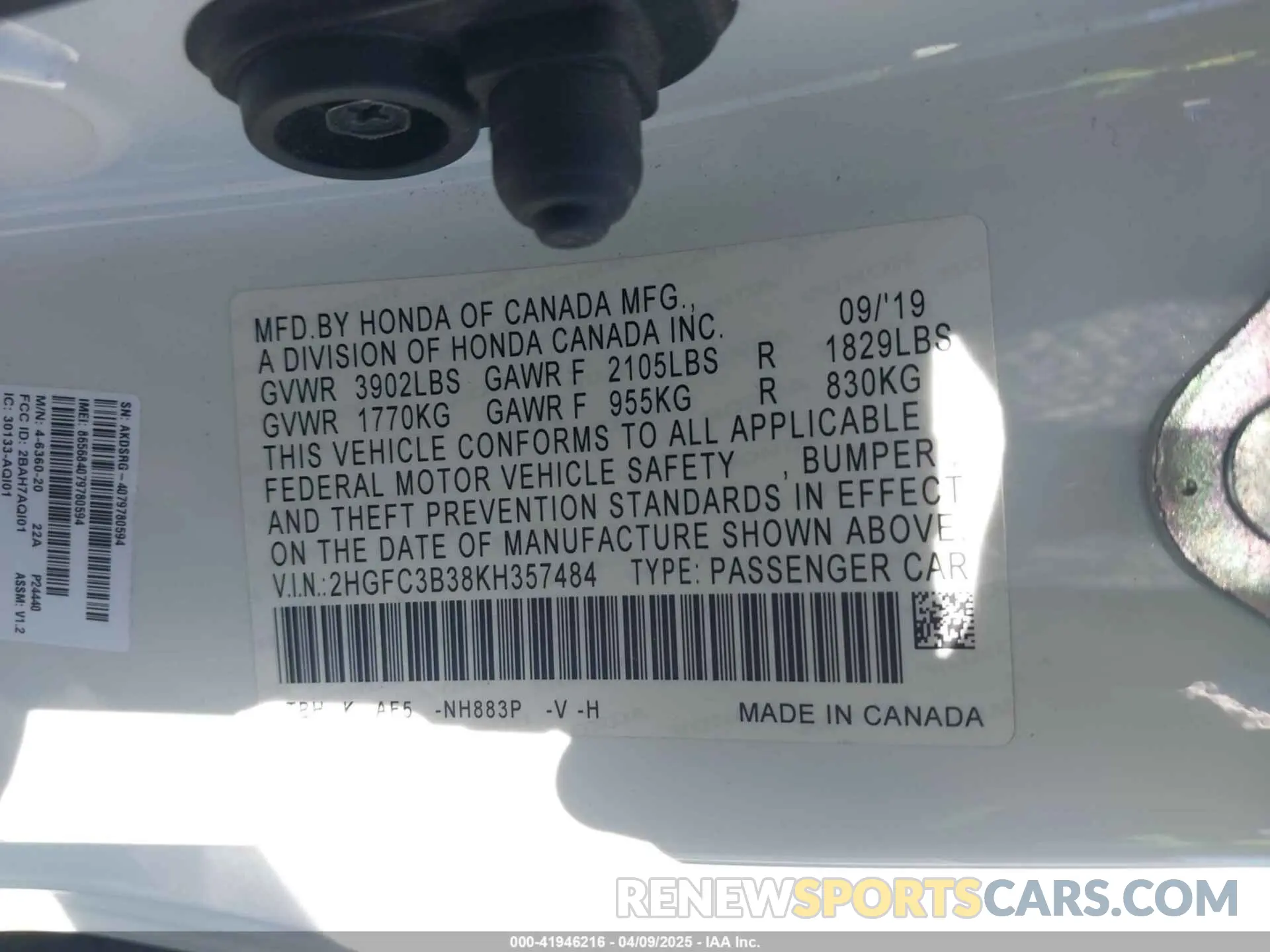 9 Photograph of a damaged car 2HGFC3B38KH357484 HONDA CIVIC 2019