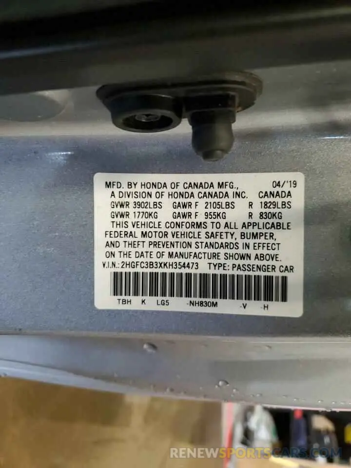 13 Photograph of a damaged car 2HGFC3B3XKH354473 HONDA CIVIC 2019