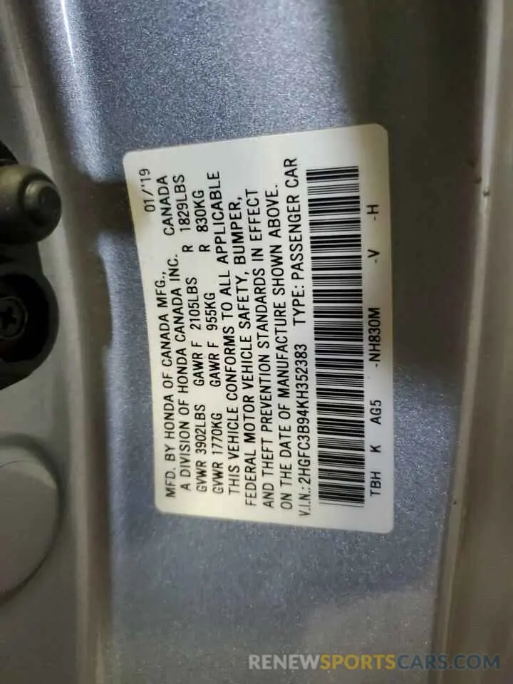 12 Photograph of a damaged car 2HGFC3B94KH352383 HONDA CIVIC 2019