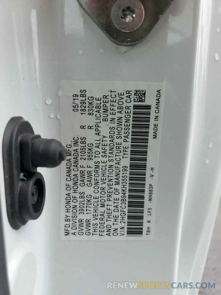 12 Photograph of a damaged car 2HGFC3B94KH355199 HONDA CIVIC 2019