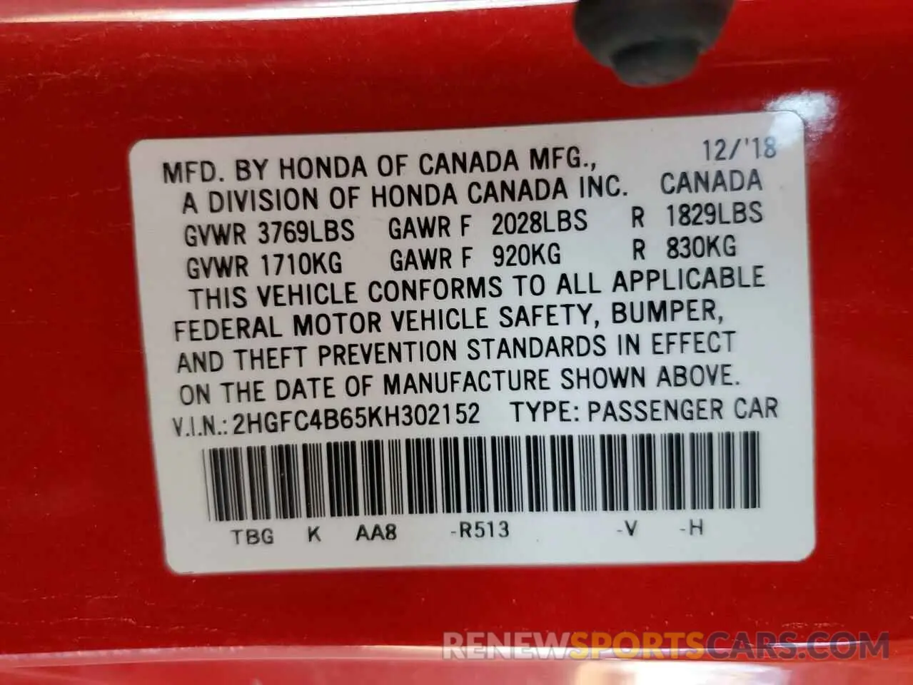 12 Photograph of a damaged car 2HGFC4B65KH302152 HONDA CIVIC 2019