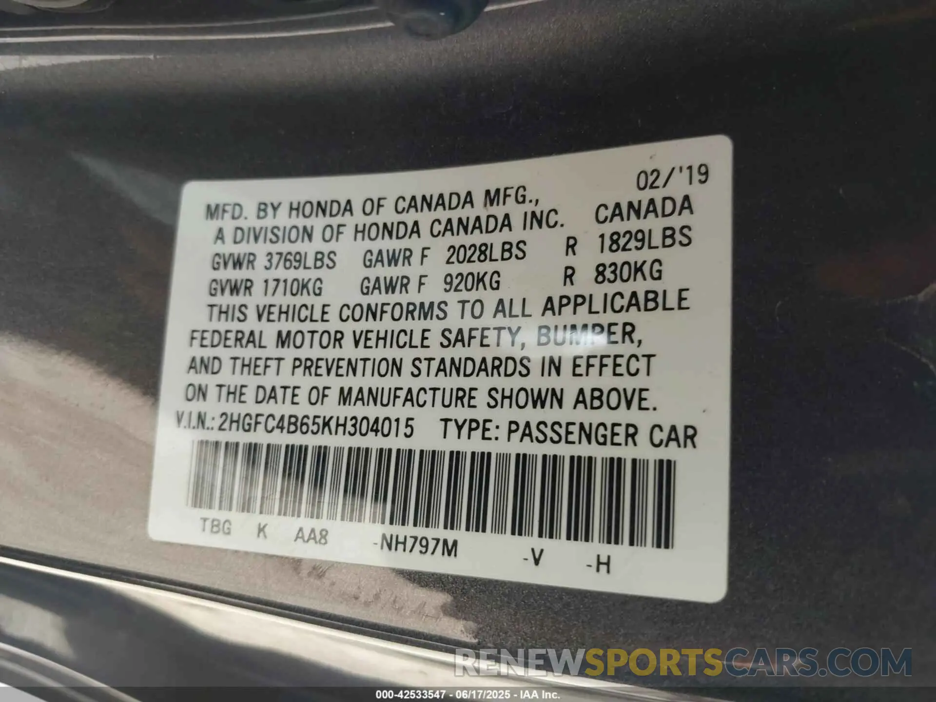 9 Photograph of a damaged car 2HGFC4B65KH304015 HONDA CIVIC 2019