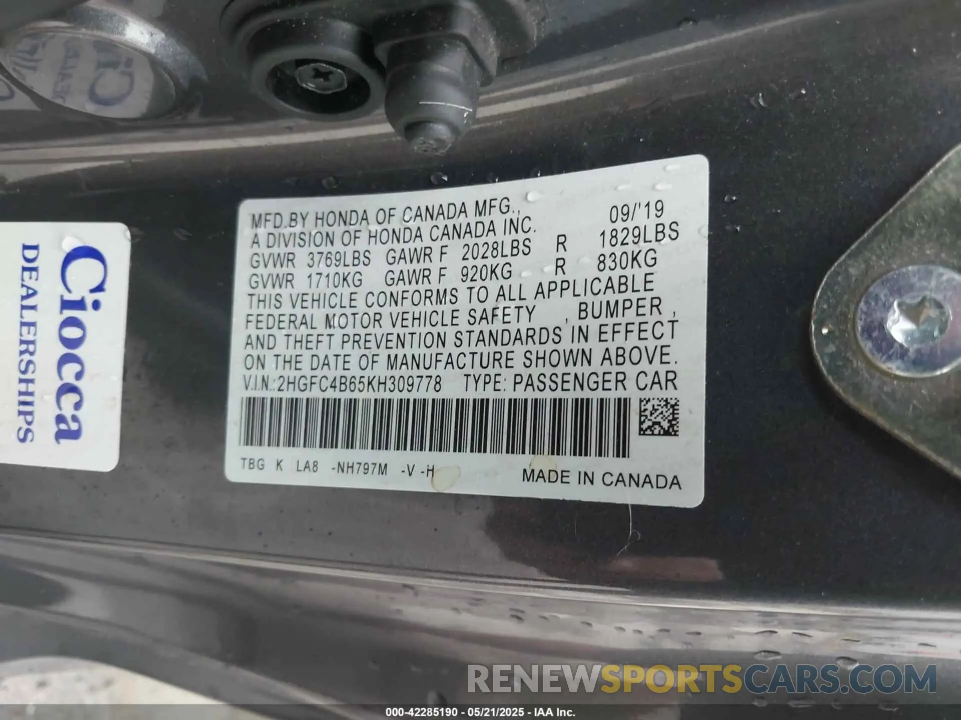 9 Photograph of a damaged car 2HGFC4B65KH309778 HONDA CIVIC 2019