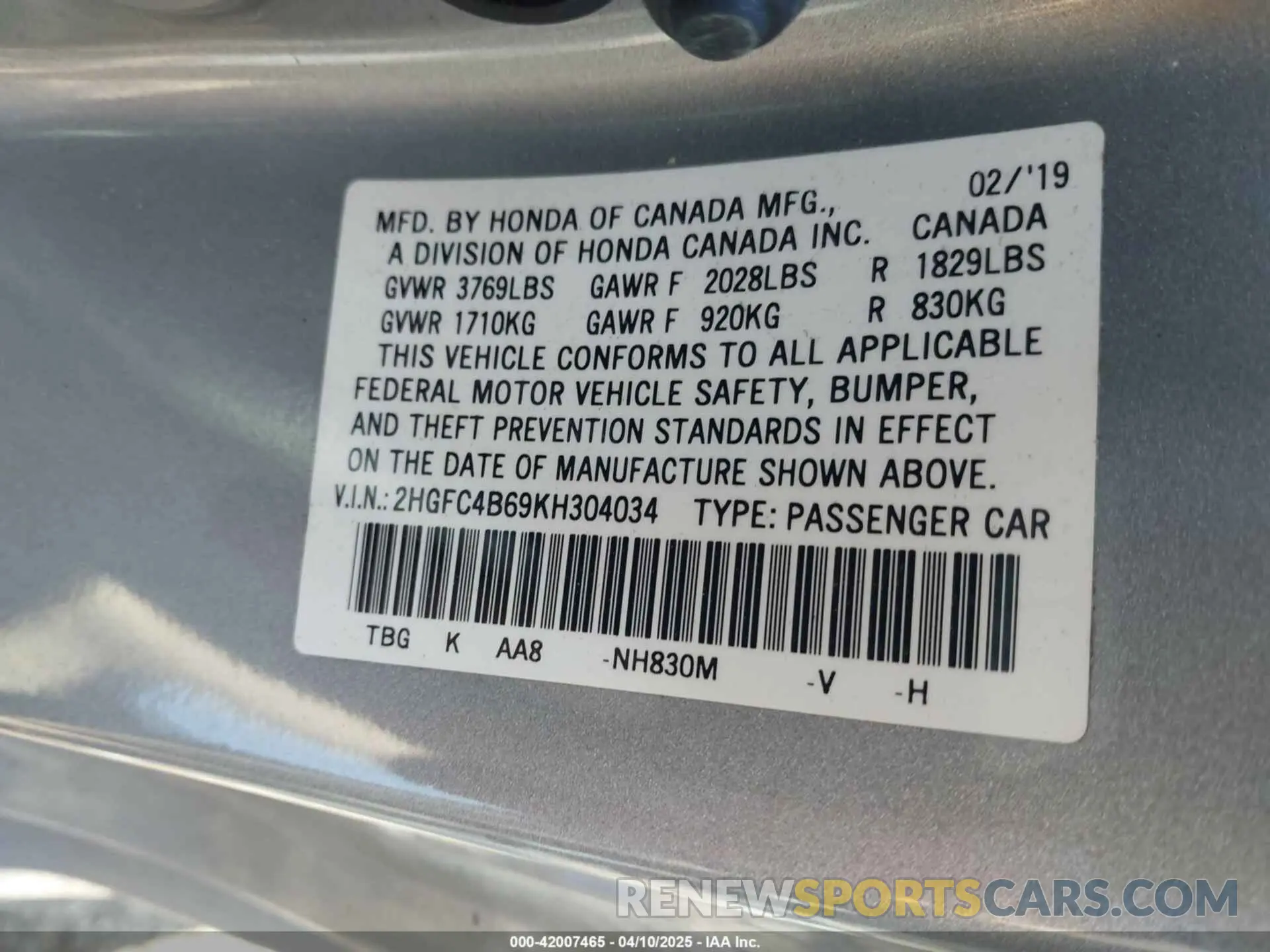 9 Photograph of a damaged car 2HGFC4B69KH304034 HONDA CIVIC 2019