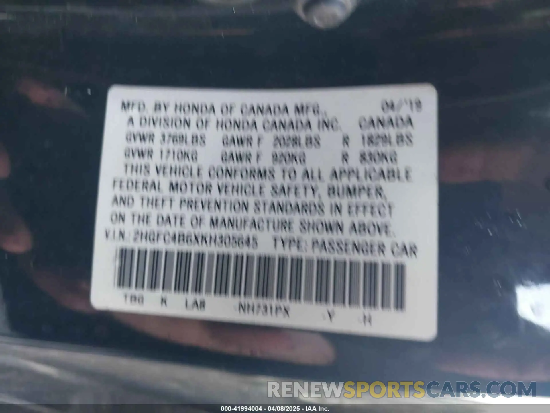 9 Photograph of a damaged car 2HGFC4B6XKH305645 HONDA CIVIC 2019