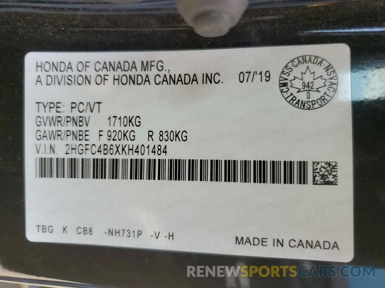 12 Photograph of a damaged car 2HGFC4B6XKH401484 HONDA CIVIC 2019