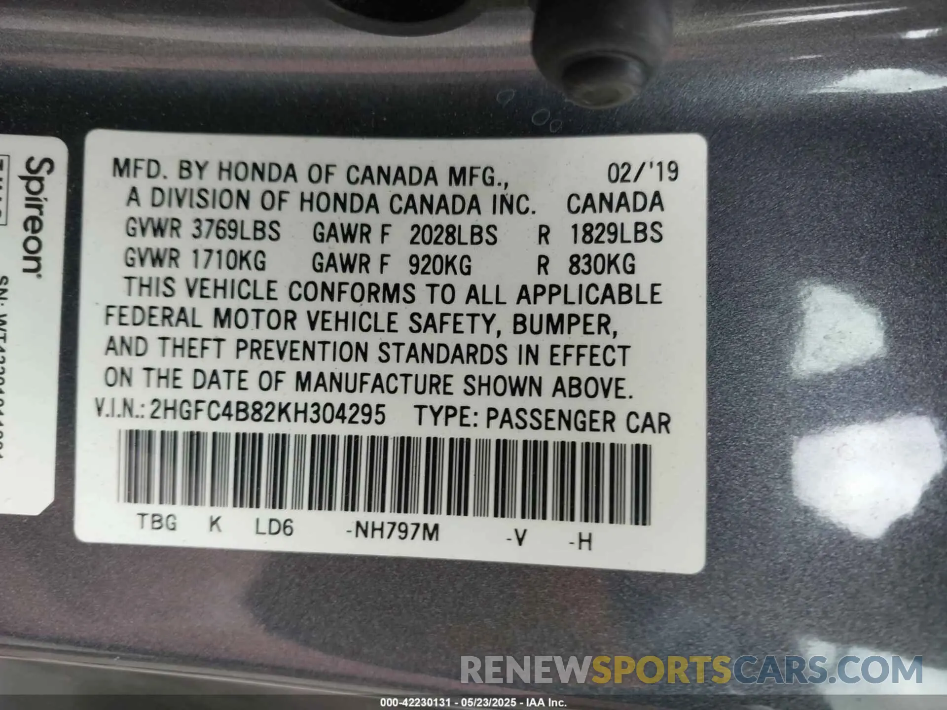 9 Photograph of a damaged car 2HGFC4B82KH304295 HONDA CIVIC 2019