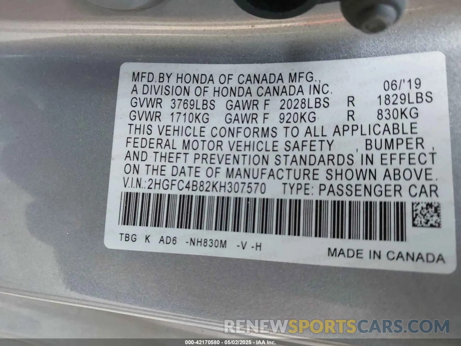 9 Photograph of a damaged car 2HGFC4B82KH307570 HONDA CIVIC 2019