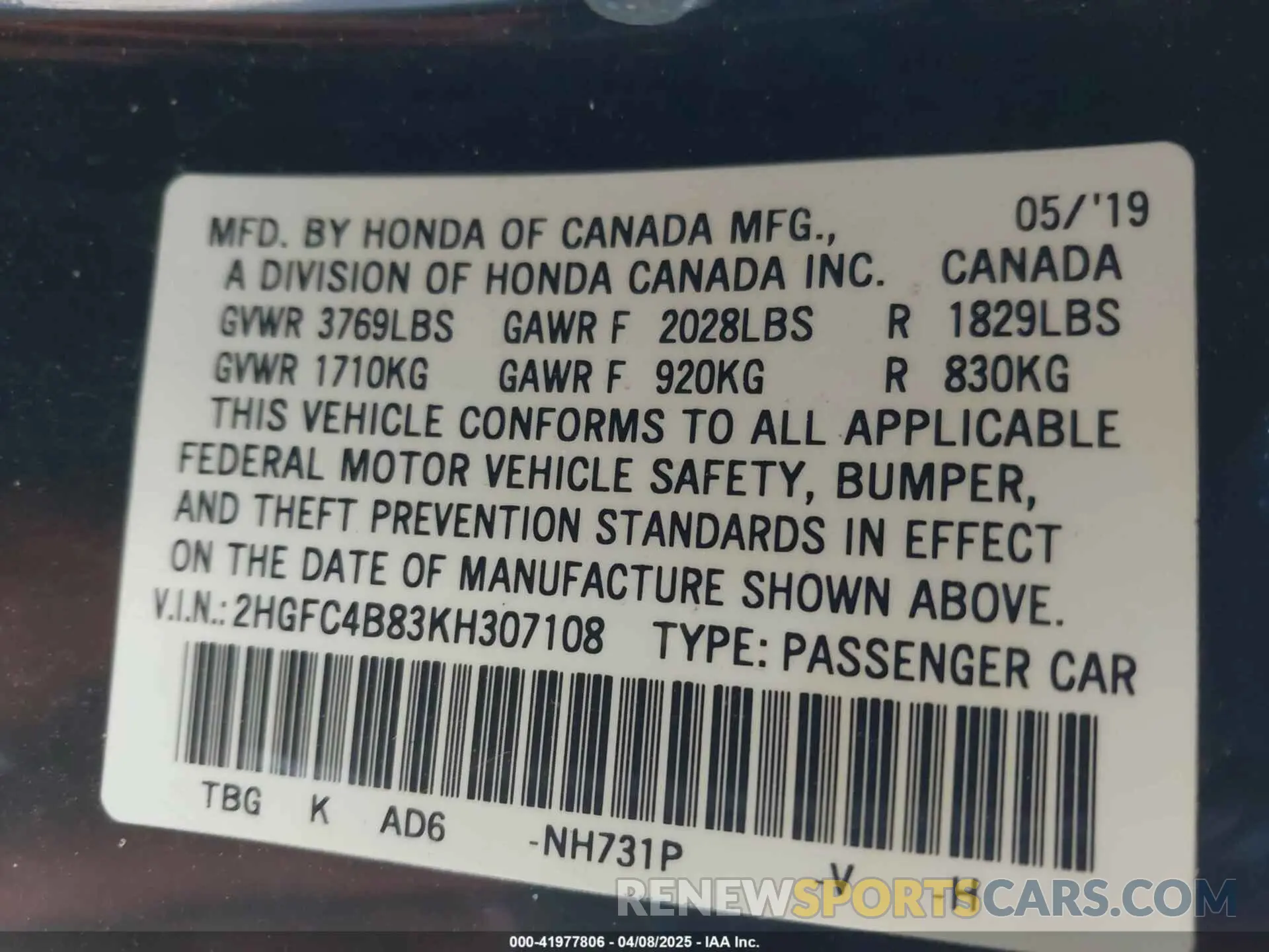 9 Photograph of a damaged car 2HGFC4B83KH307108 HONDA CIVIC 2019