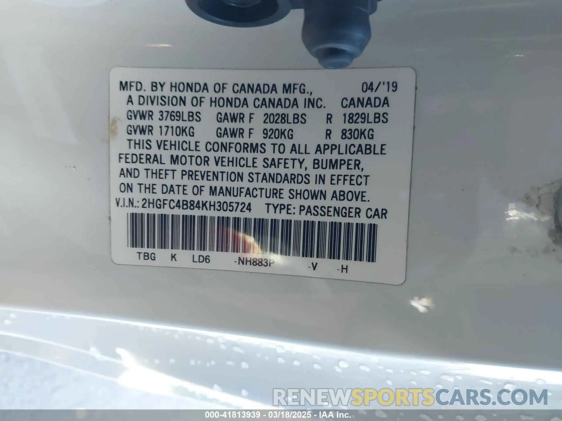 9 Photograph of a damaged car 2HGFC4B84KH305724 HONDA CIVIC 2019