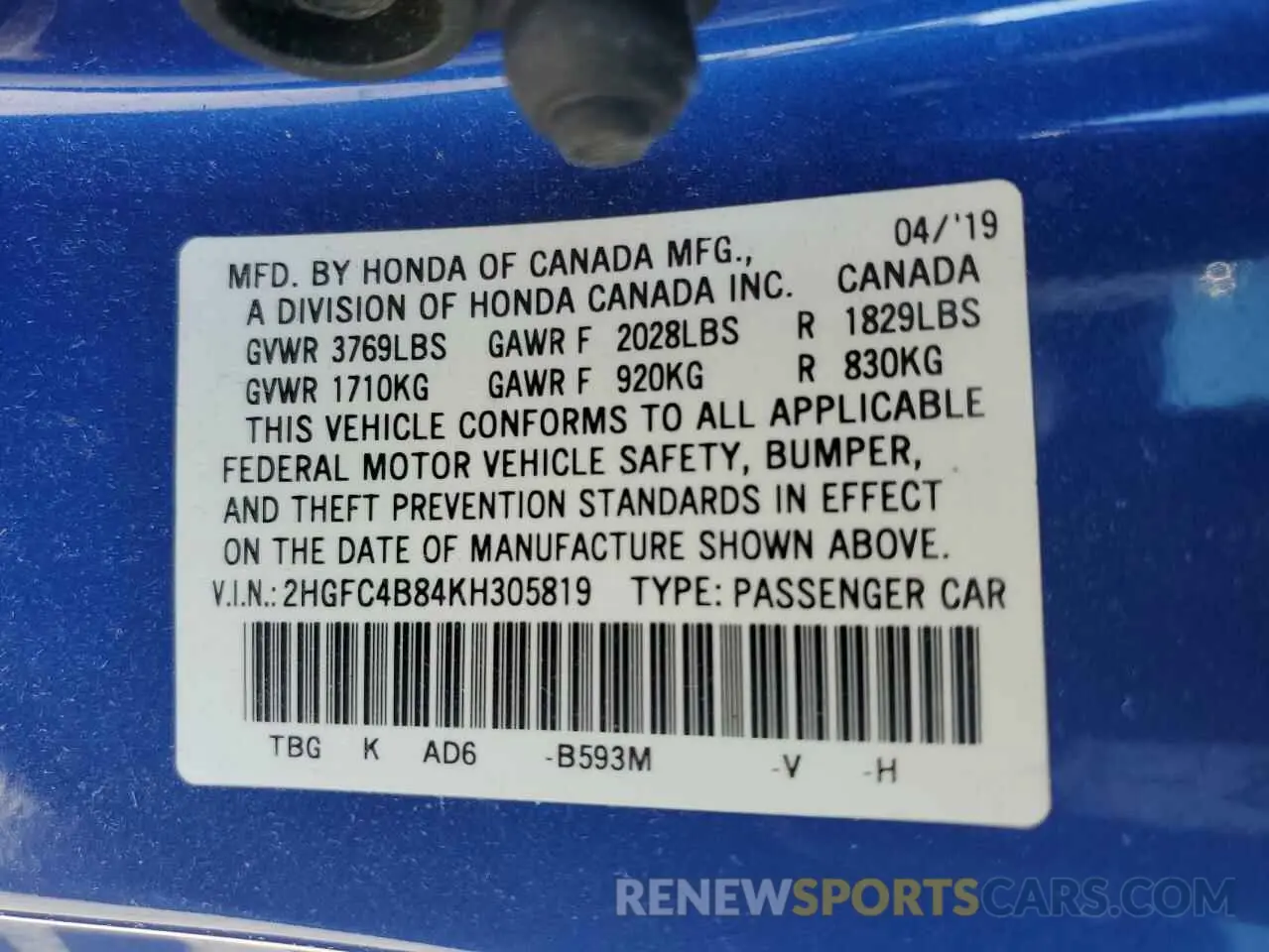 13 Photograph of a damaged car 2HGFC4B84KH305819 HONDA CIVIC 2019