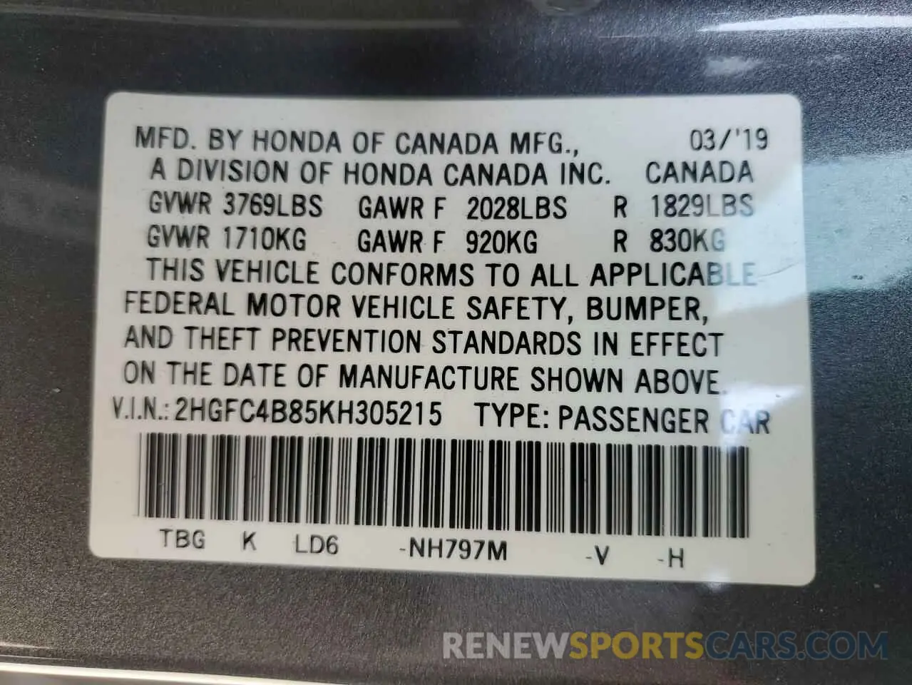 12 Photograph of a damaged car 2HGFC4B85KH305215 HONDA CIVIC 2019