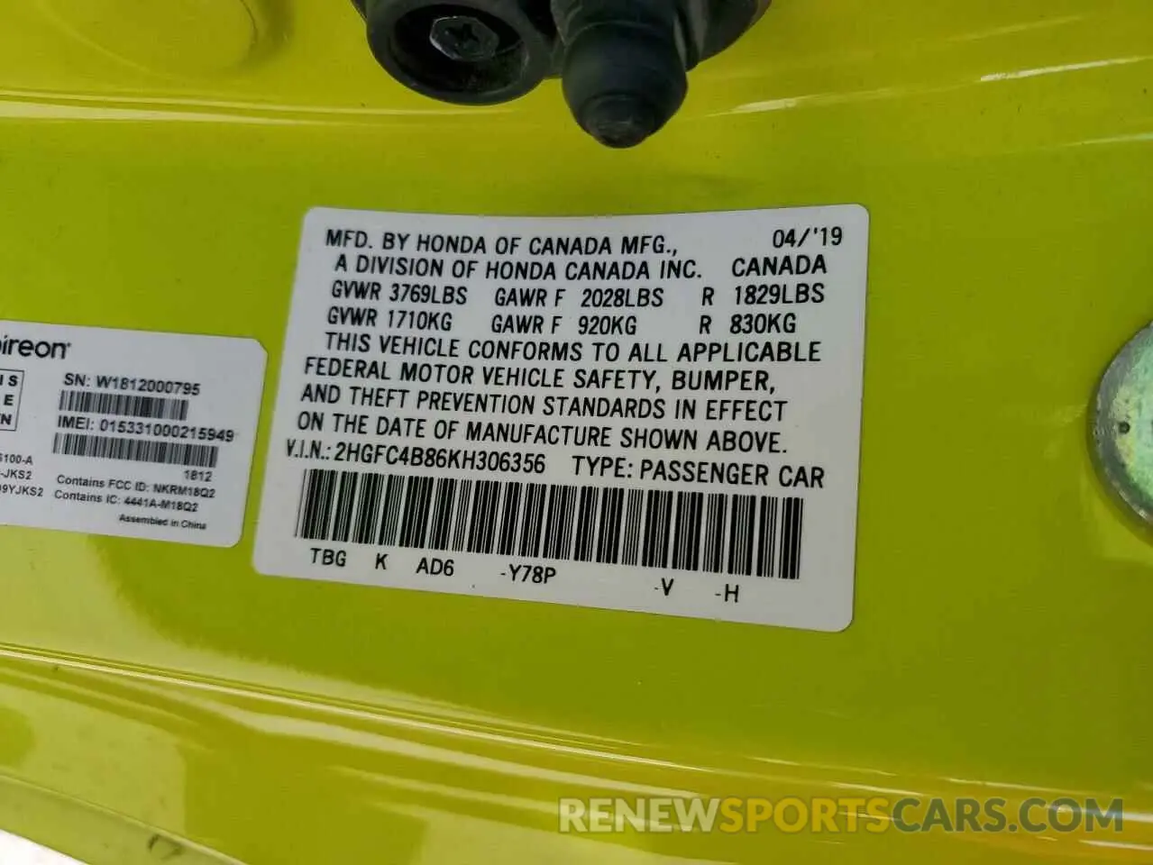 12 Photograph of a damaged car 2HGFC4B86KH306356 HONDA CIVIC 2019