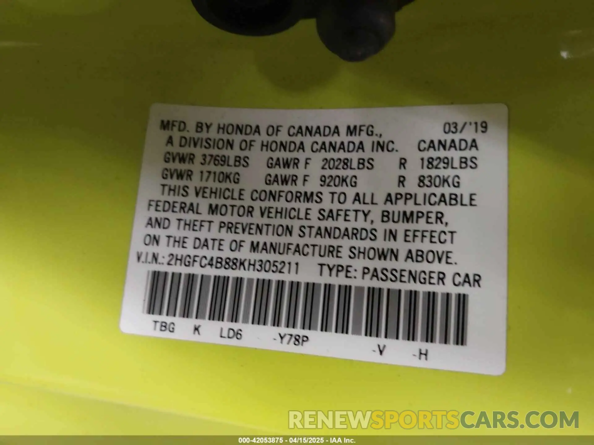 9 Photograph of a damaged car 2HGFC4B88KH305211 HONDA CIVIC 2019