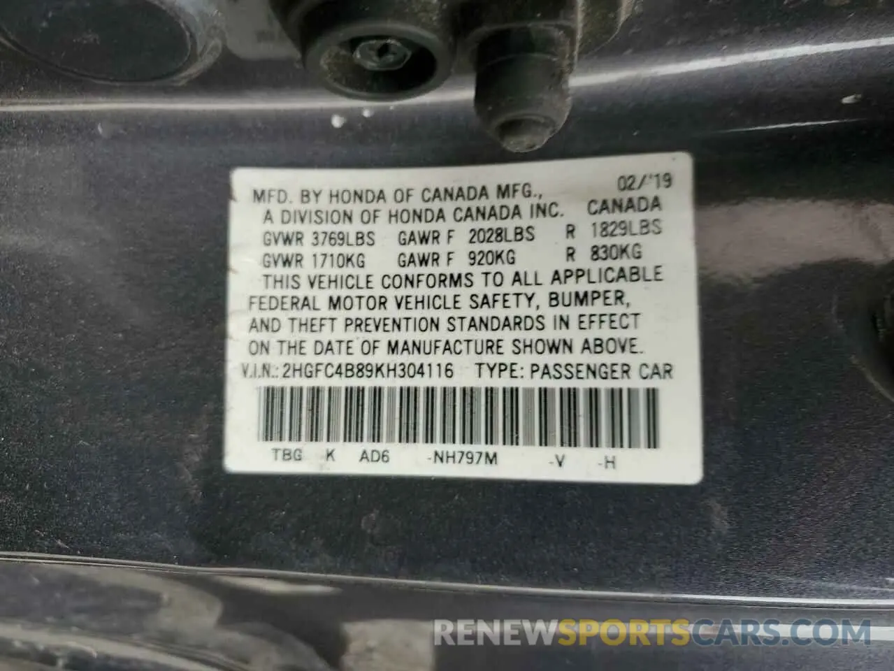 12 Photograph of a damaged car 2HGFC4B89KH304116 HONDA CIVIC 2019