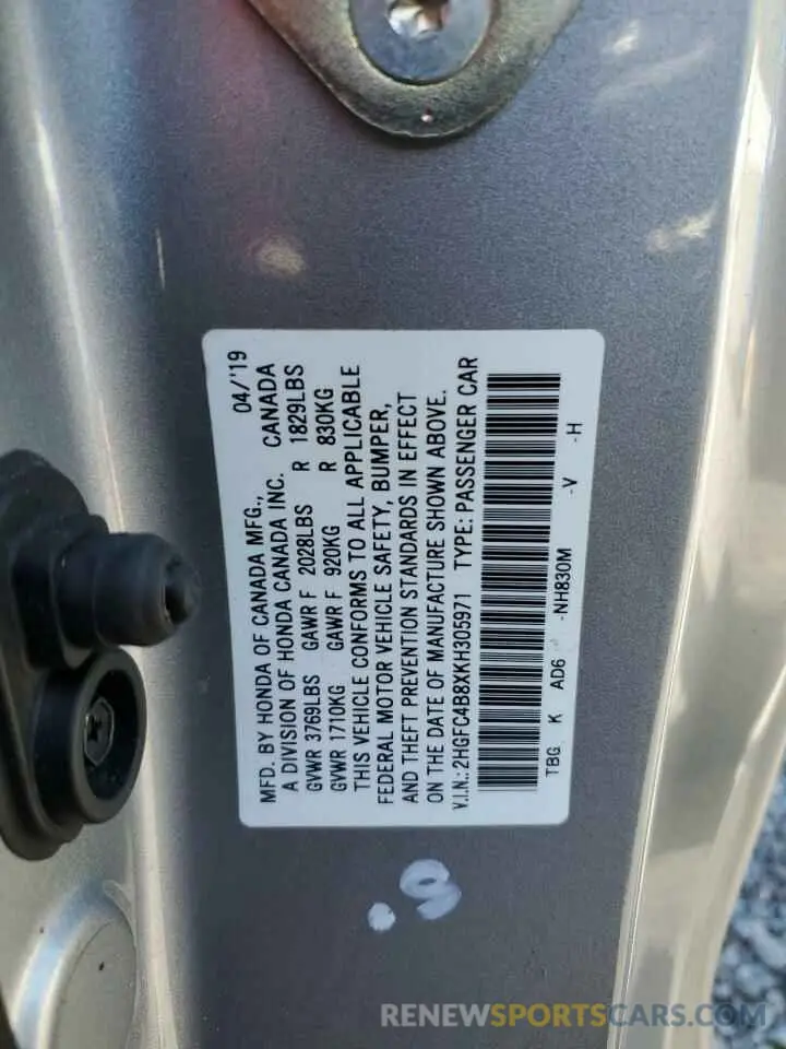 13 Photograph of a damaged car 2HGFC4B8XKH305971 HONDA CIVIC 2019