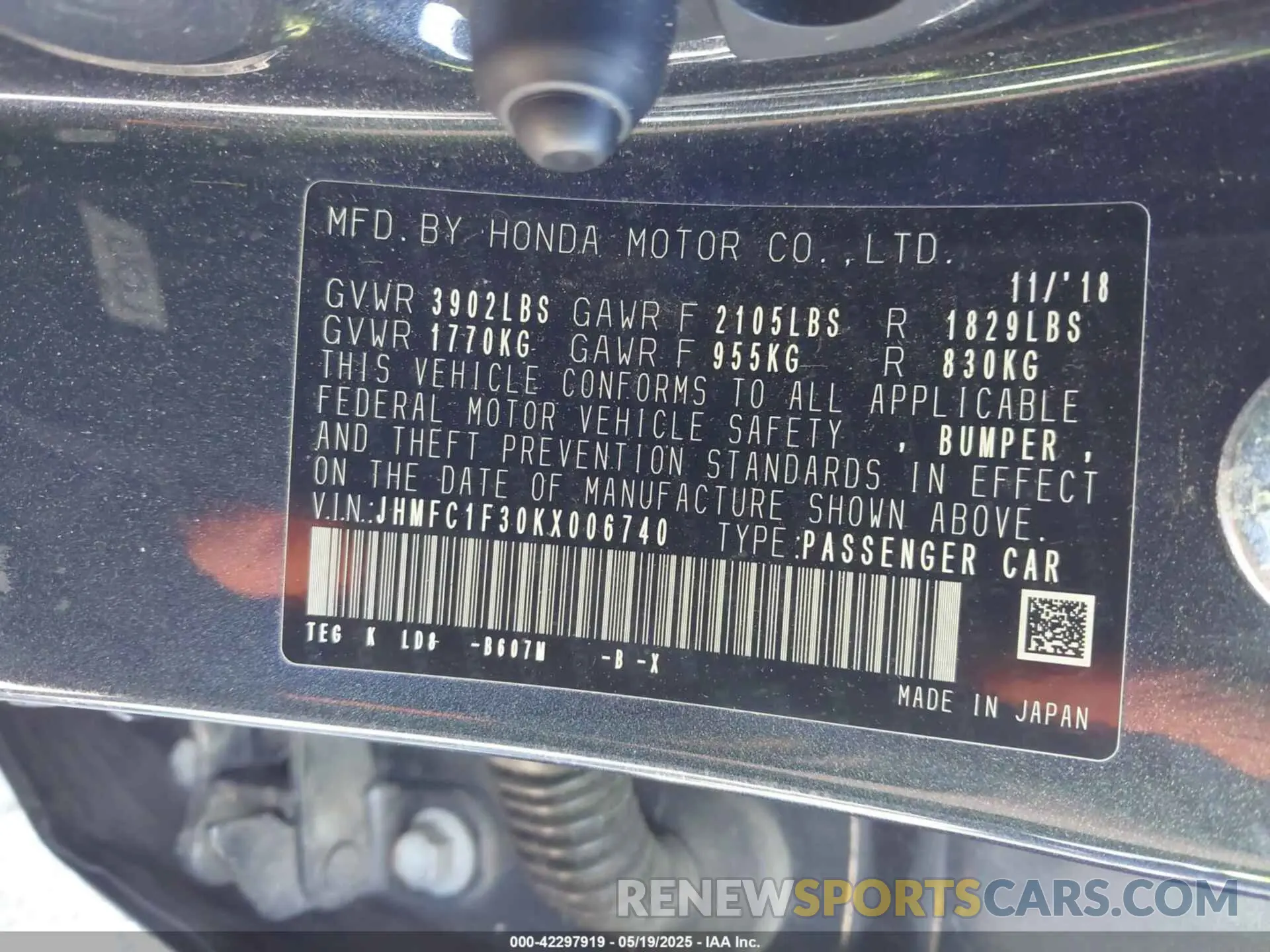 9 Photograph of a damaged car JHMFC1F30KX006740 HONDA CIVIC 2019
