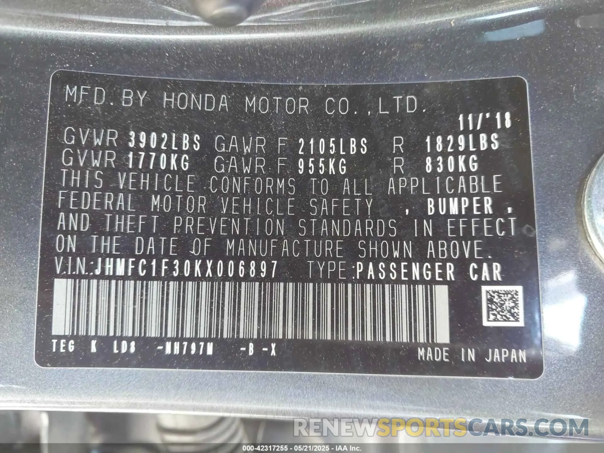 9 Photograph of a damaged car JHMFC1F30KX006897 HONDA CIVIC 2019