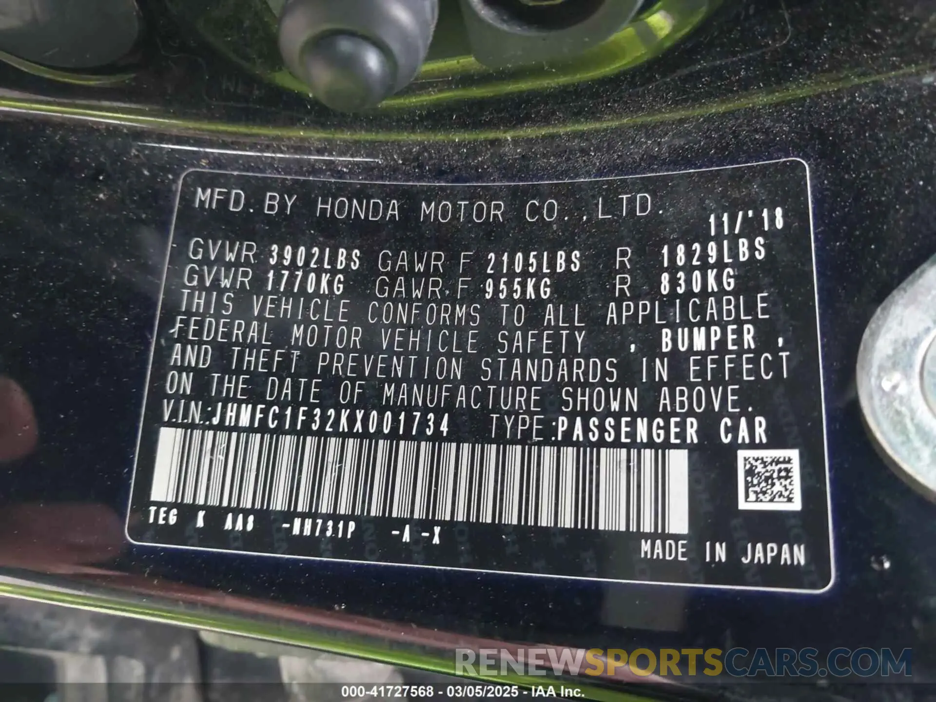 9 Photograph of a damaged car JHMFC1F32KX001734 HONDA CIVIC 2019