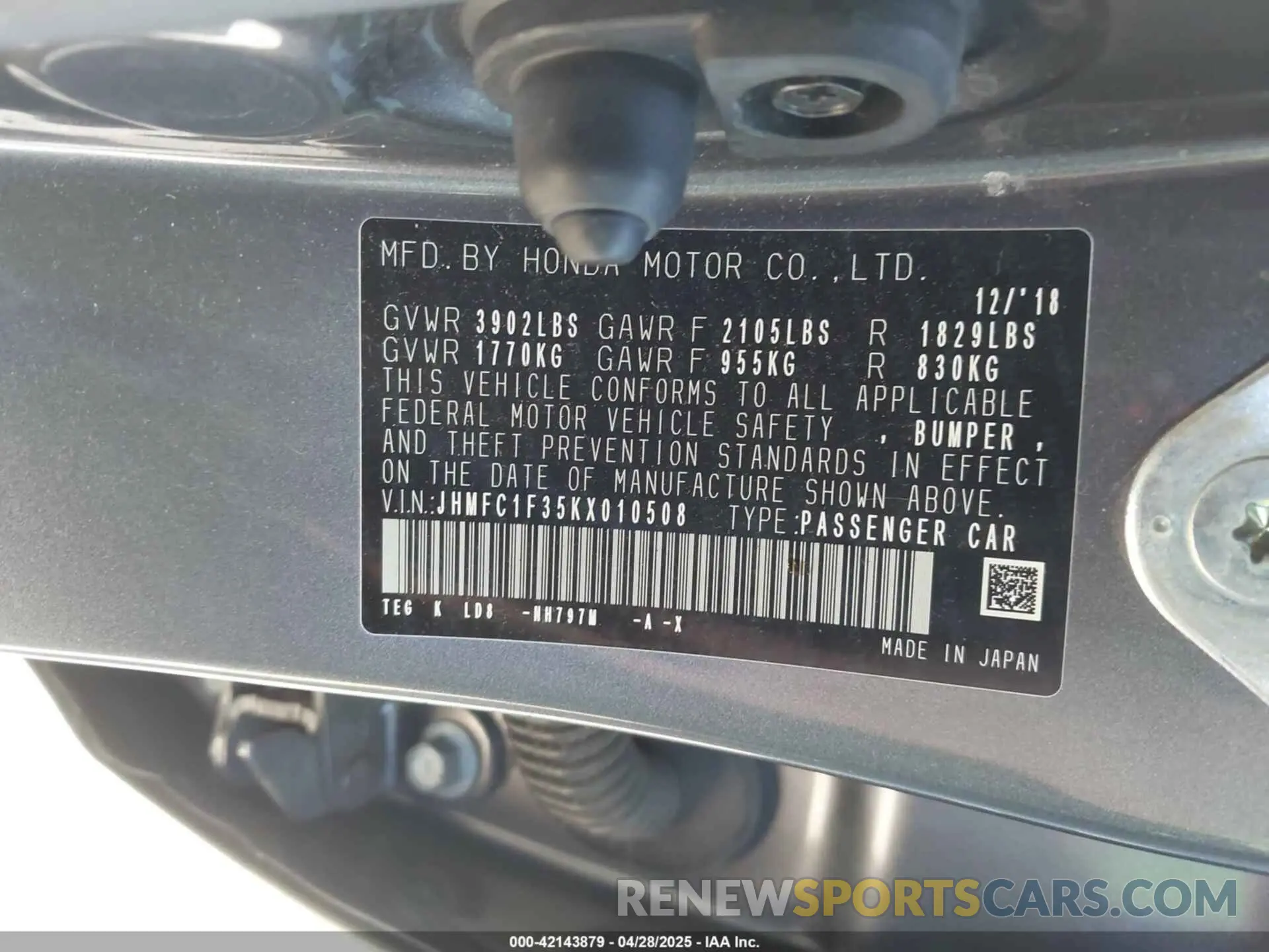 9 Photograph of a damaged car JHMFC1F35KX010508 HONDA CIVIC 2019